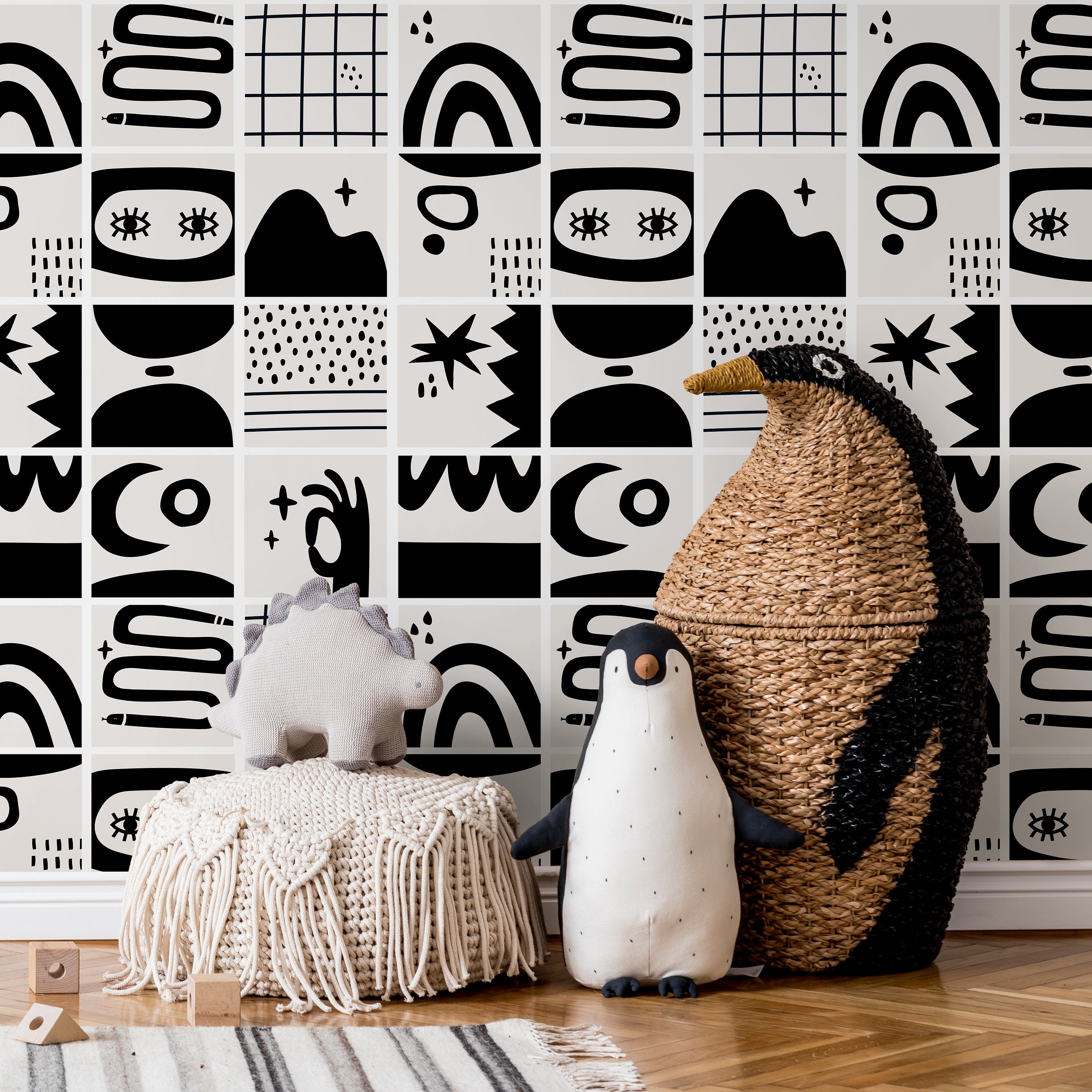Abstract Wallpaper With Tiled Hand-drawn Motifs In Black And Light Gray - B923
