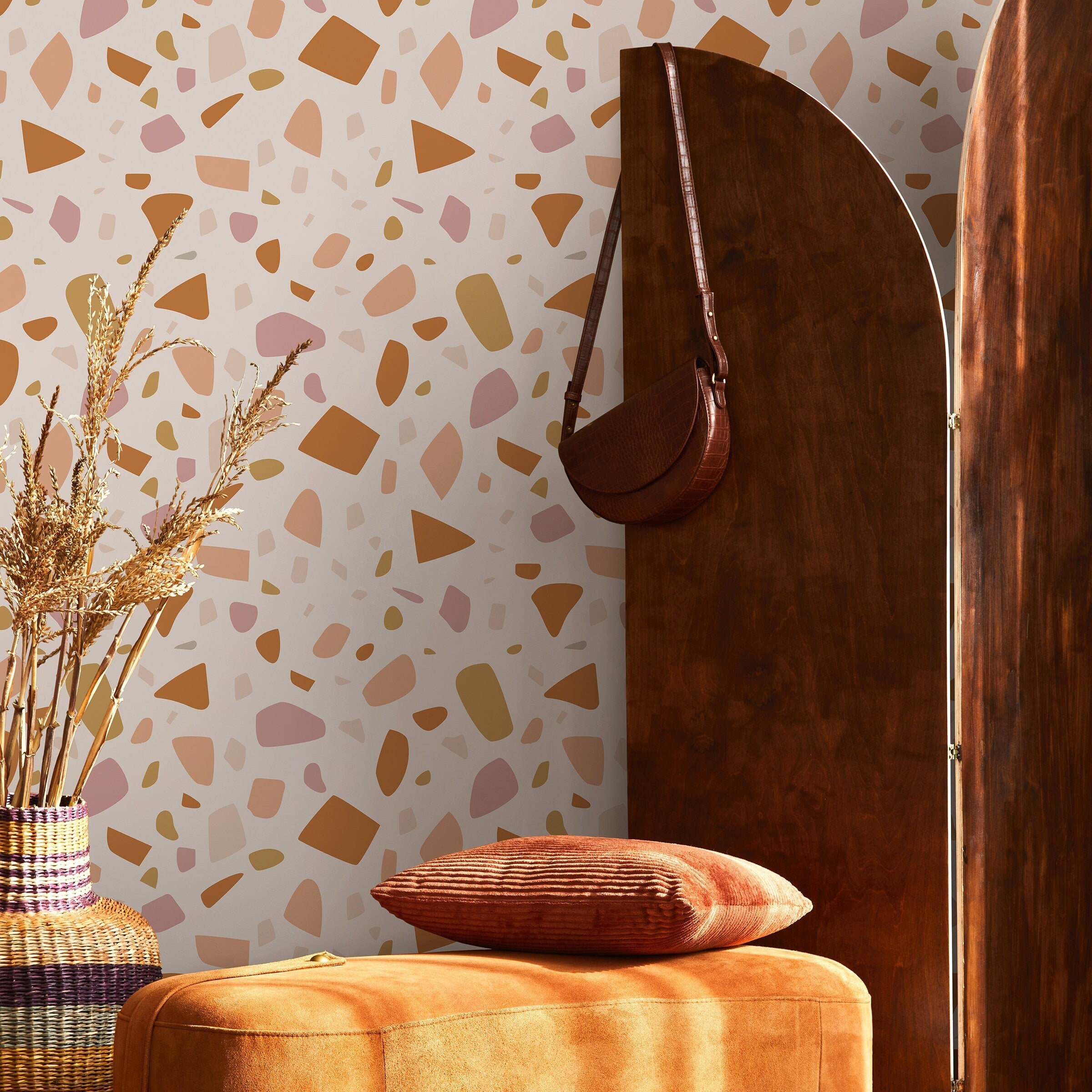 Terrazzo Wallpaper With An Organic Chip Motif In Orange, Pink, And Yellow - B933