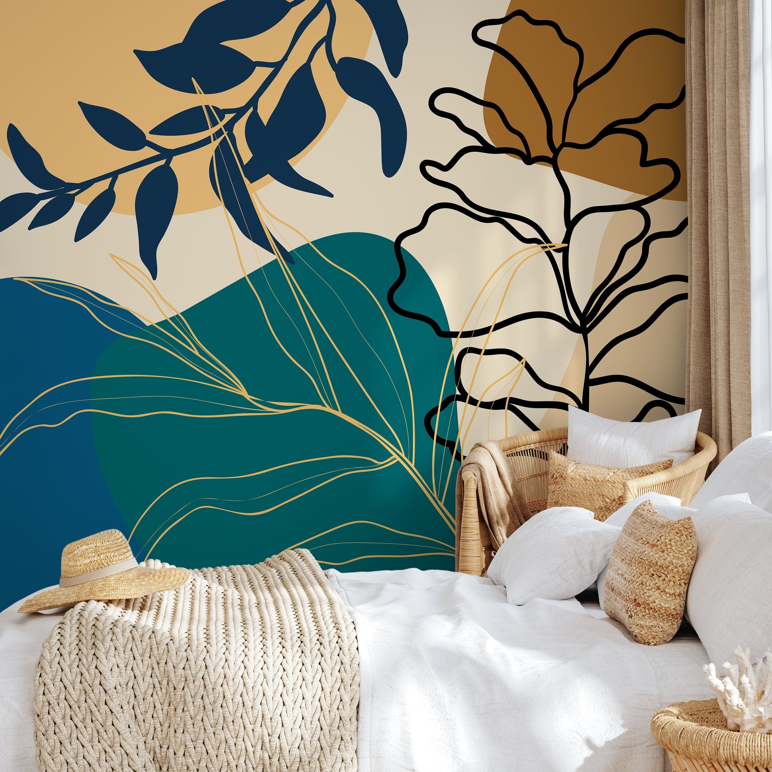 Botanical Wallpaper With Abstract Leaf Shapes In Blue, Teal, And Ochre - B951