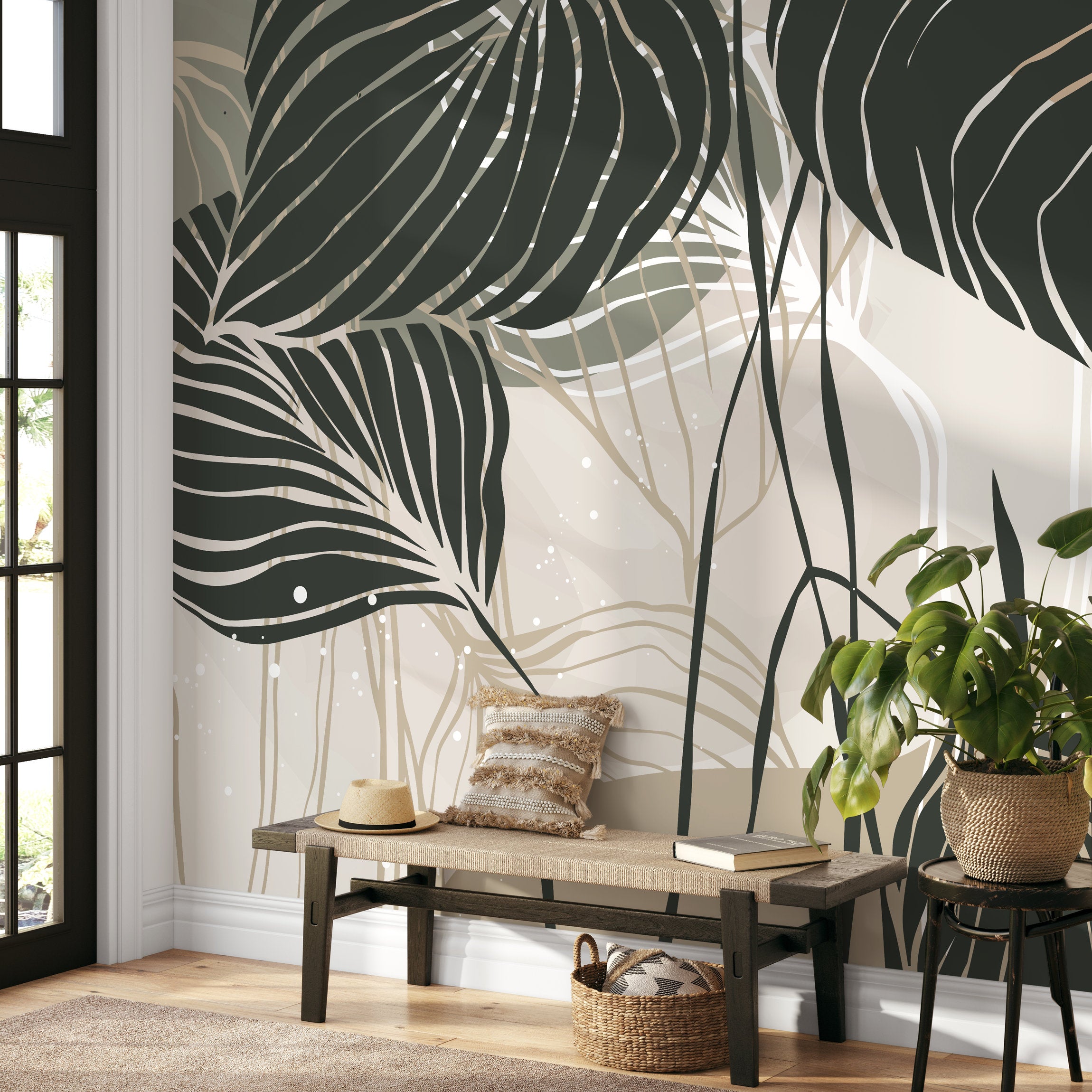 Botanical Wallpaper With Stylized Tropical Leaves In Dark Green, Sage, And Beige - B954