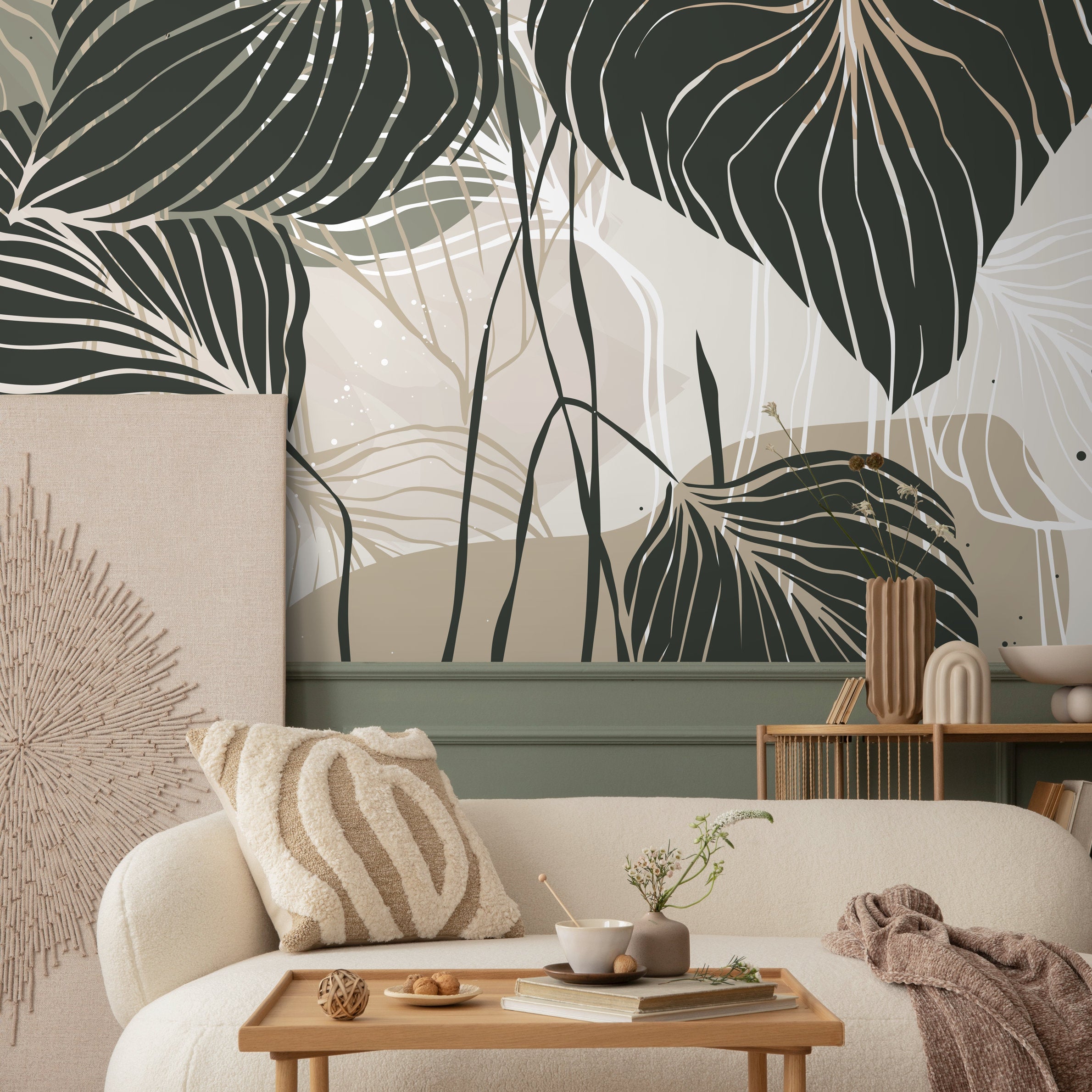 Botanical Wallpaper With Stylized Tropical Leaves In Dark Green, Sage, And Beige - B954