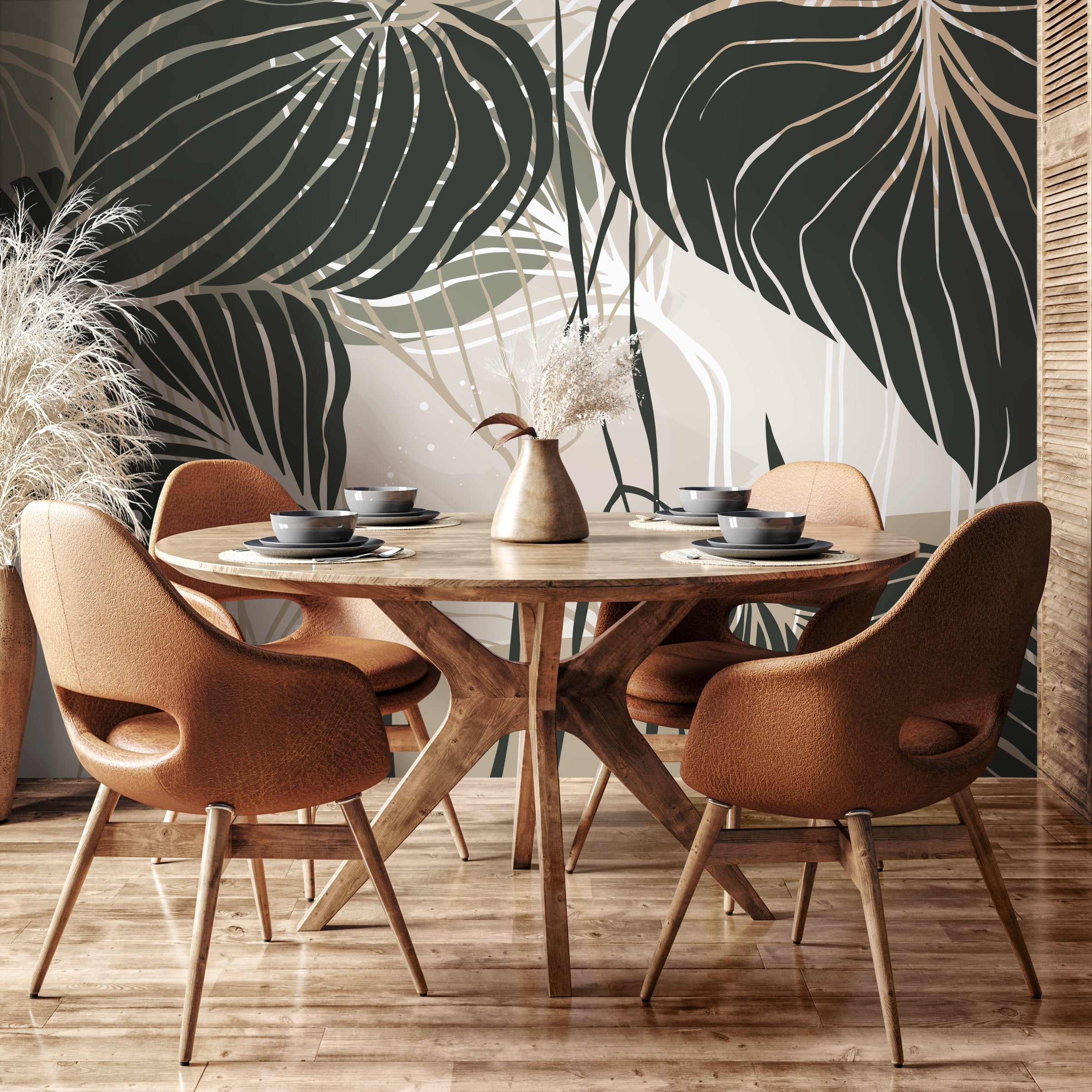 Botanical Wallpaper With Stylized Tropical Leaves In Dark Green, Sage, And Beige - B954