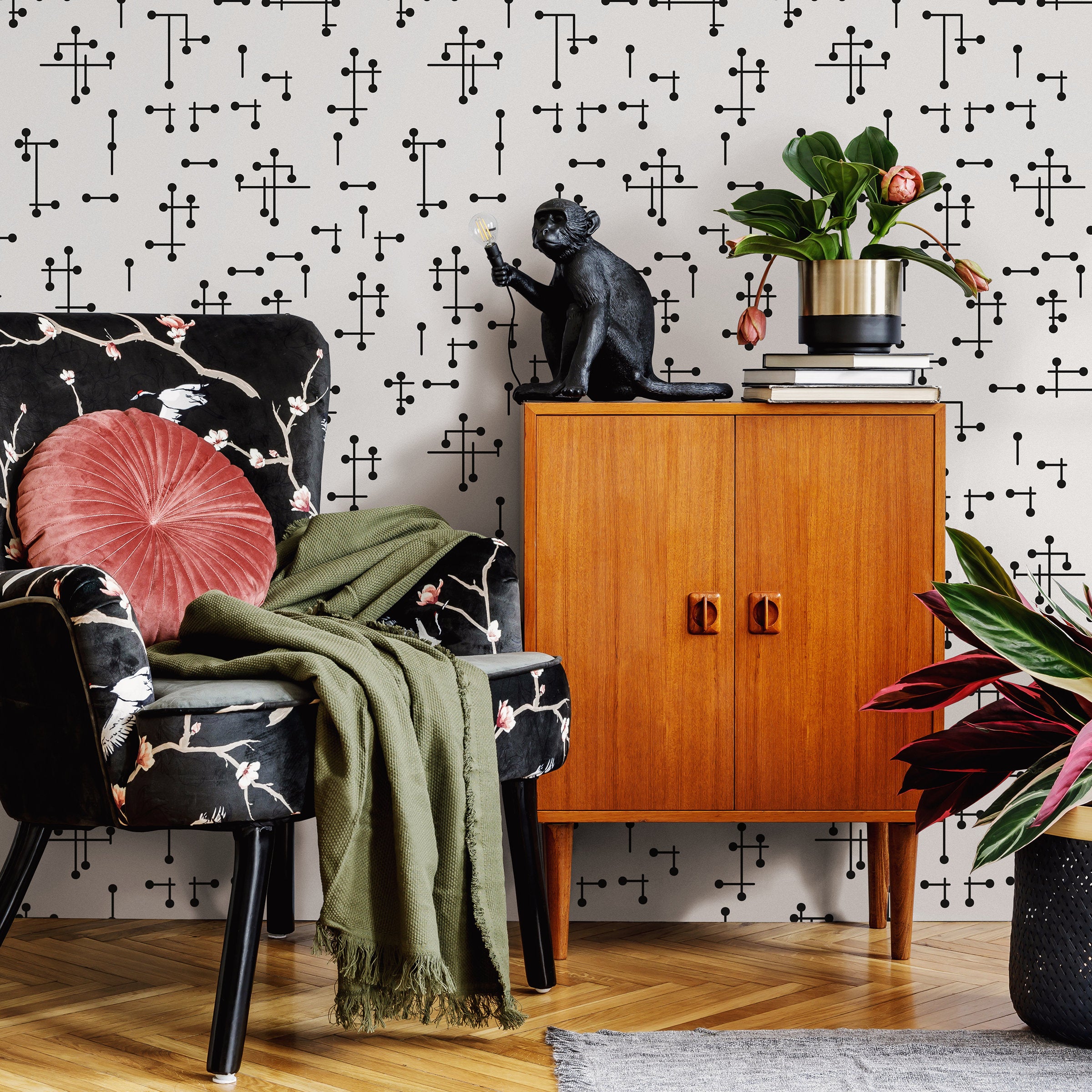 Geometric Wallpaper With A Mid-century Line And Dot Motif In Black And White - B969