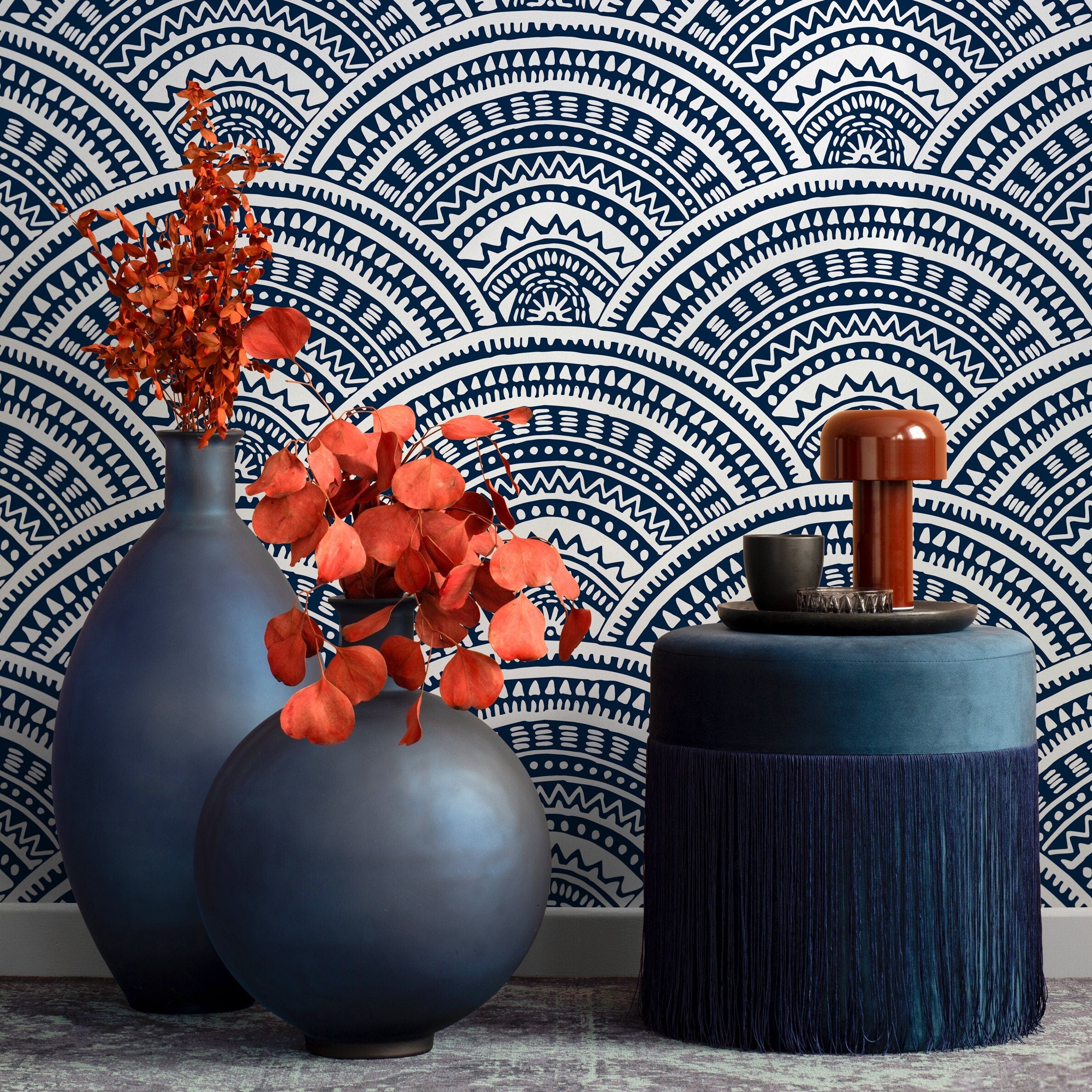 Geometric Wallpaper With A Tribal Arch Motif In Navy Blue And White - B981