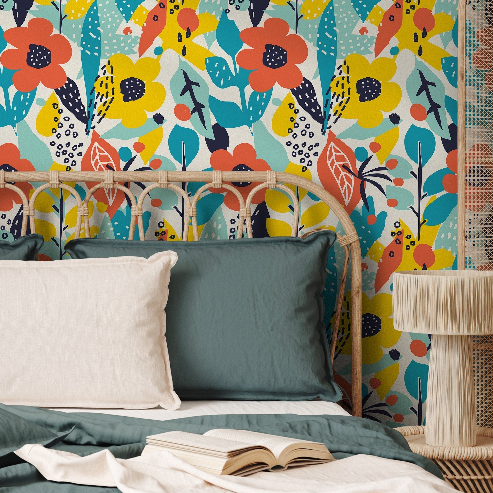 Abstract Wallpaper With Pop Art Flowers In Orange, Yellow, And Teal - B991