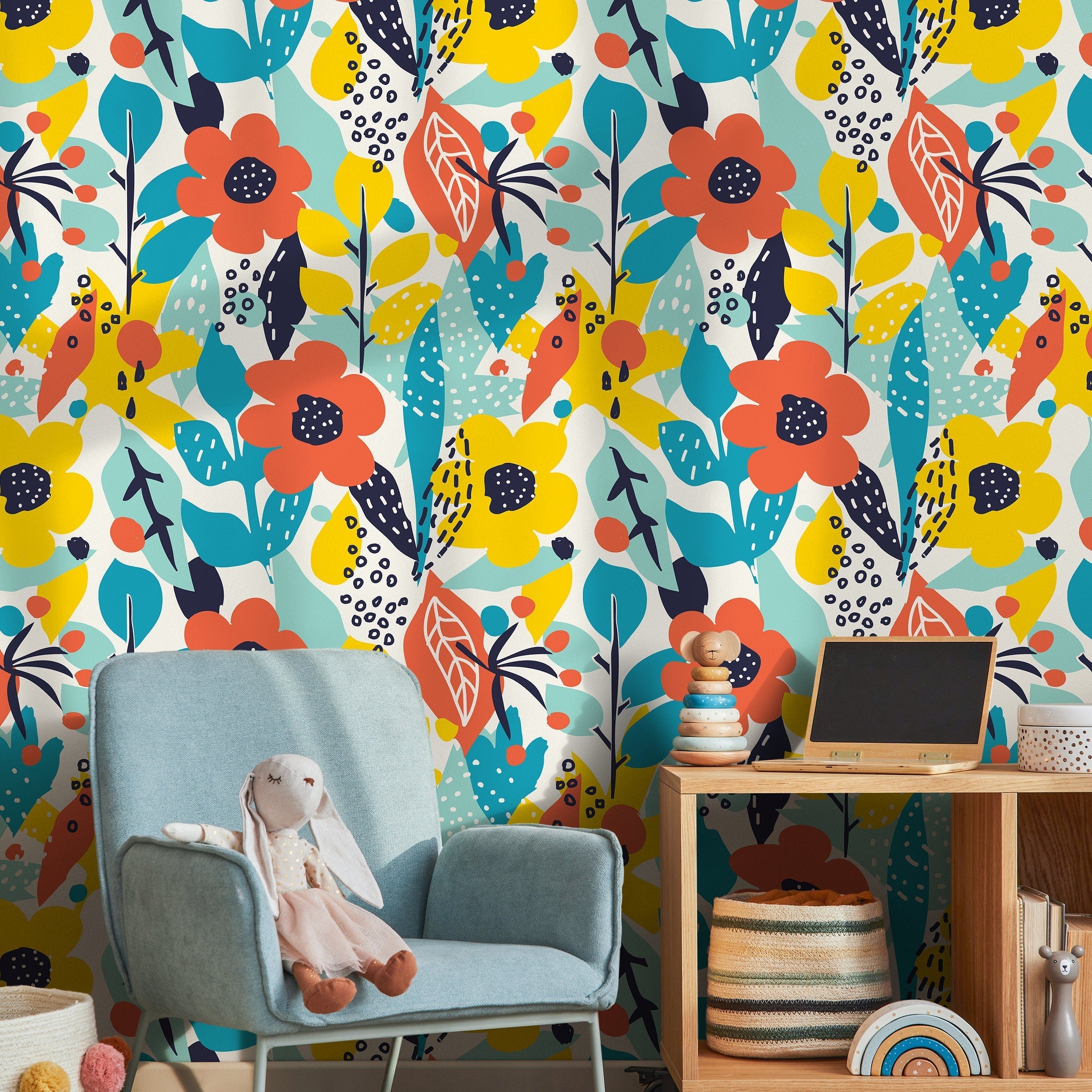 Abstract Wallpaper With Pop Art Flowers In Orange, Yellow, And Teal - B991