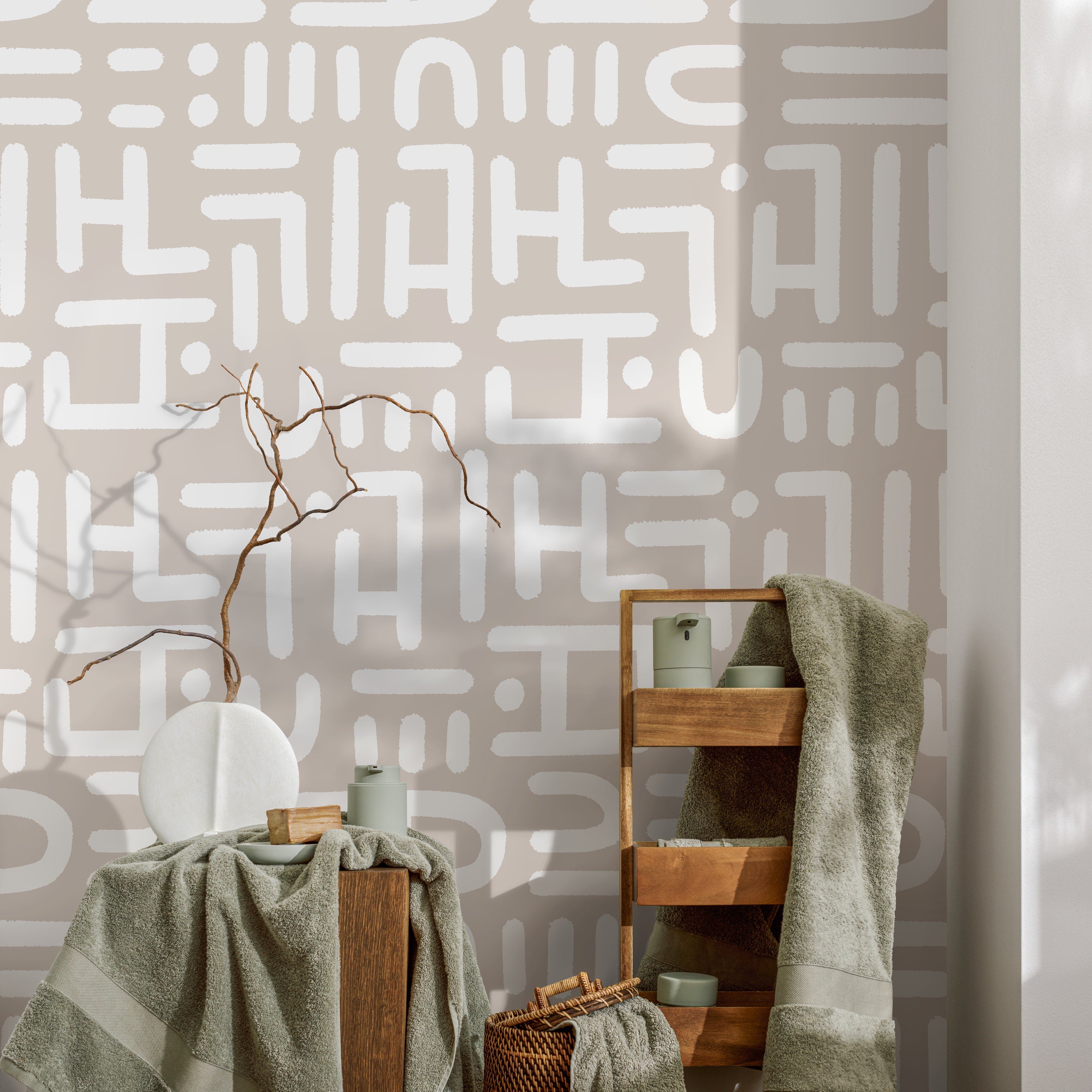 Abstract Wallpaper With Hand-drawn Geometric Forms In Beige And White - B994