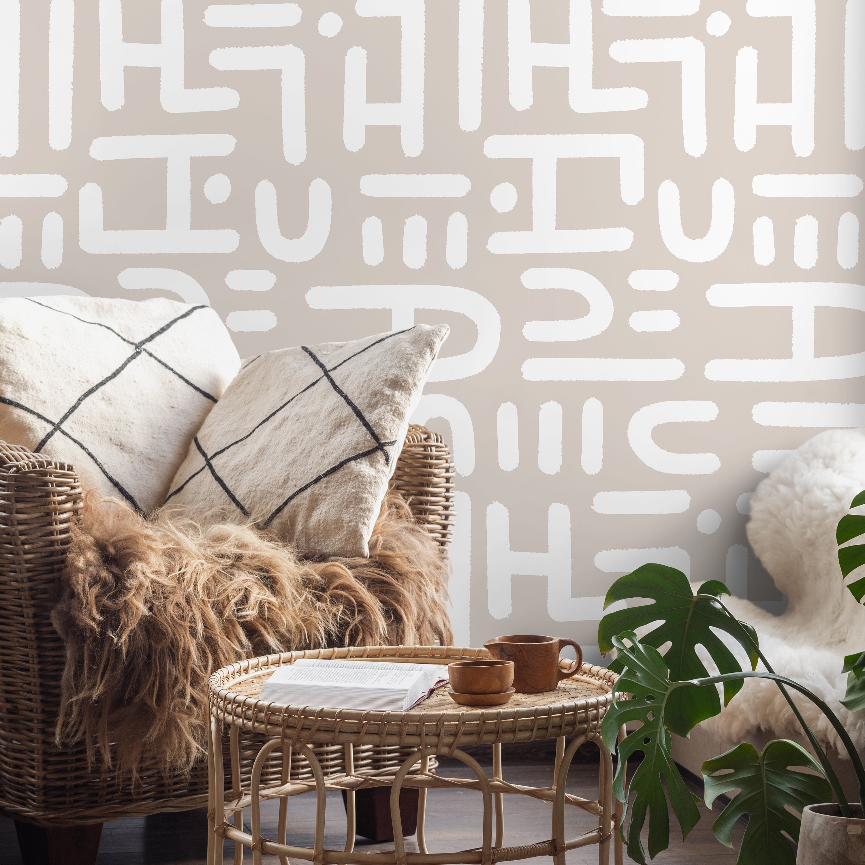 Abstract Wallpaper With Hand-drawn Geometric Forms In Beige And White - B994