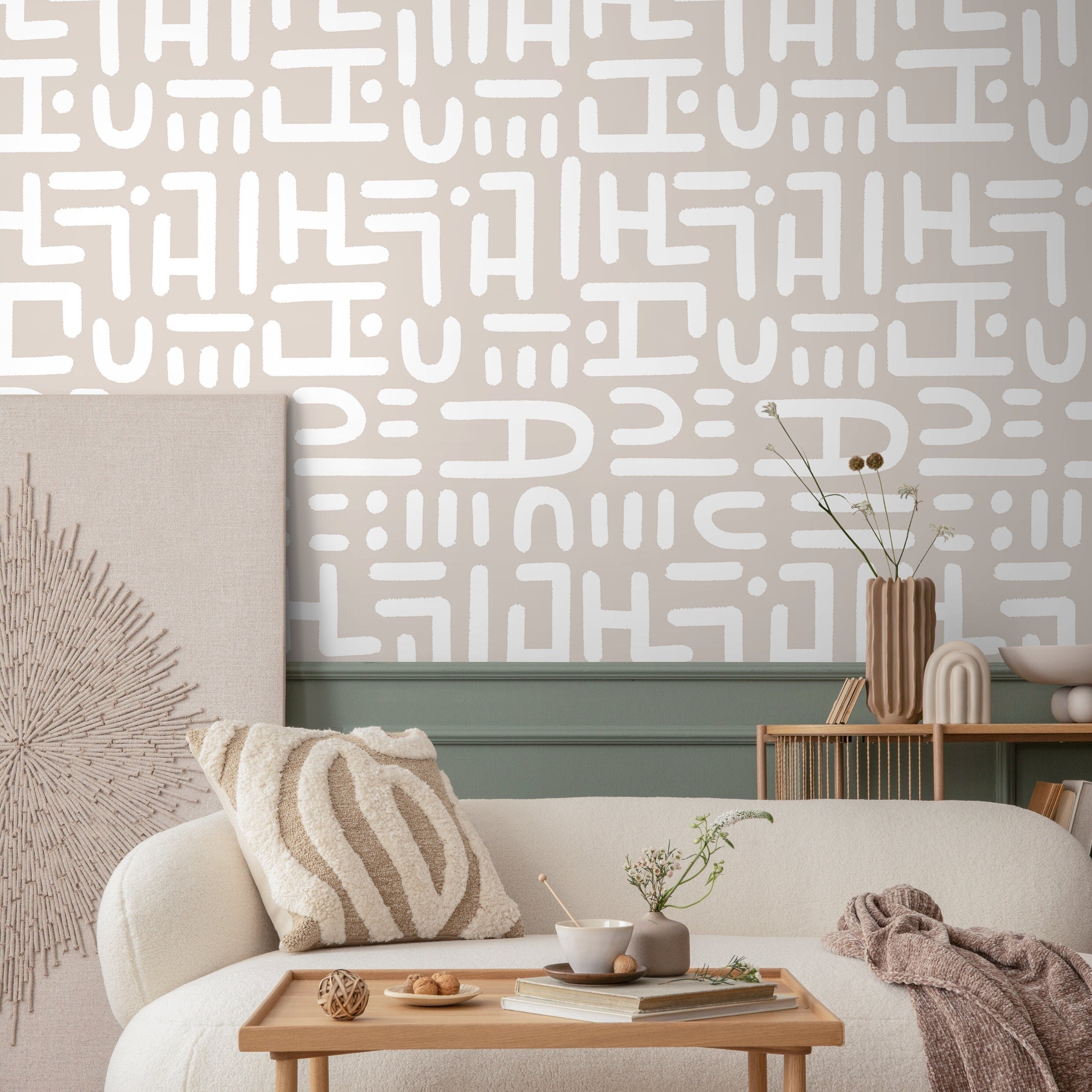 Abstract Wallpaper With Hand-drawn Geometric Forms In Beige And White - B994