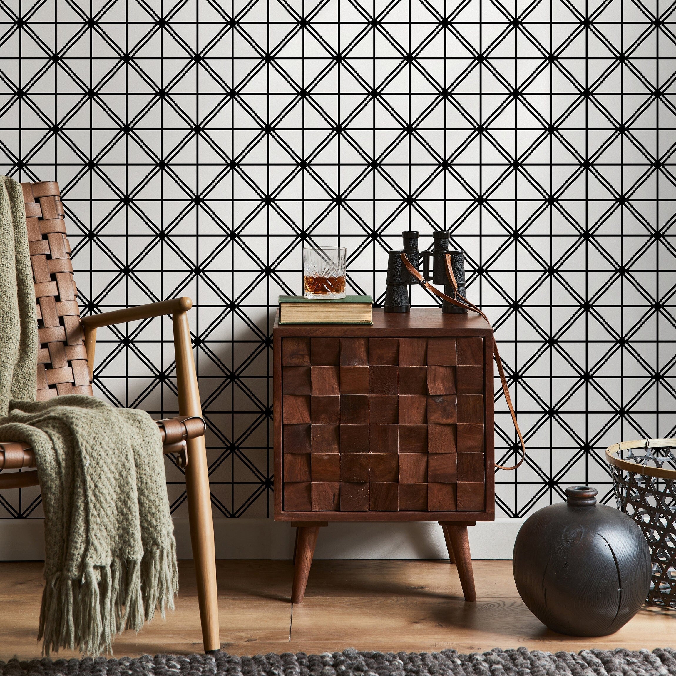 Geometric Wallpaper With A Diagonal Grid Motif In Black And White - B145