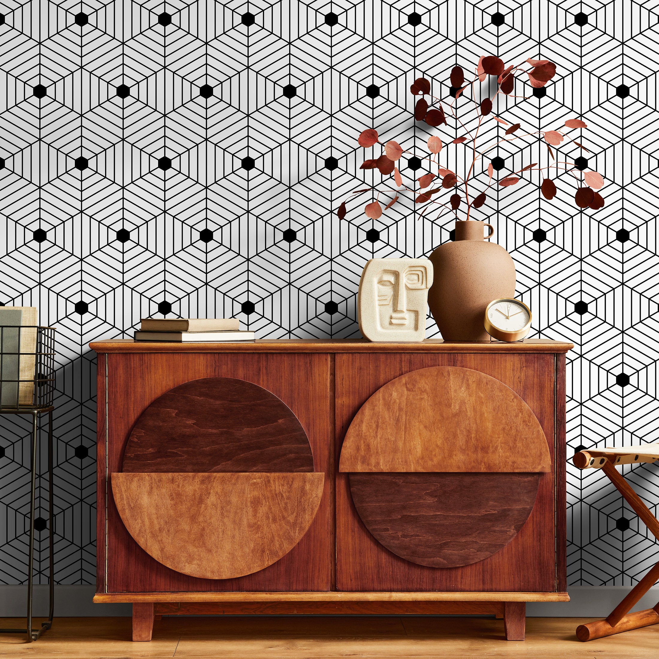 Geometric Wallpaper Featuring An Optical Cube Motif In Black And White - B147
