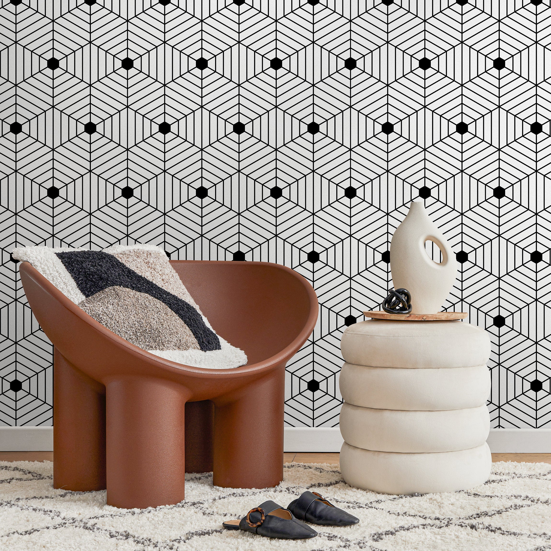 Geometric Wallpaper Featuring An Optical Cube Motif In Black And White - B147