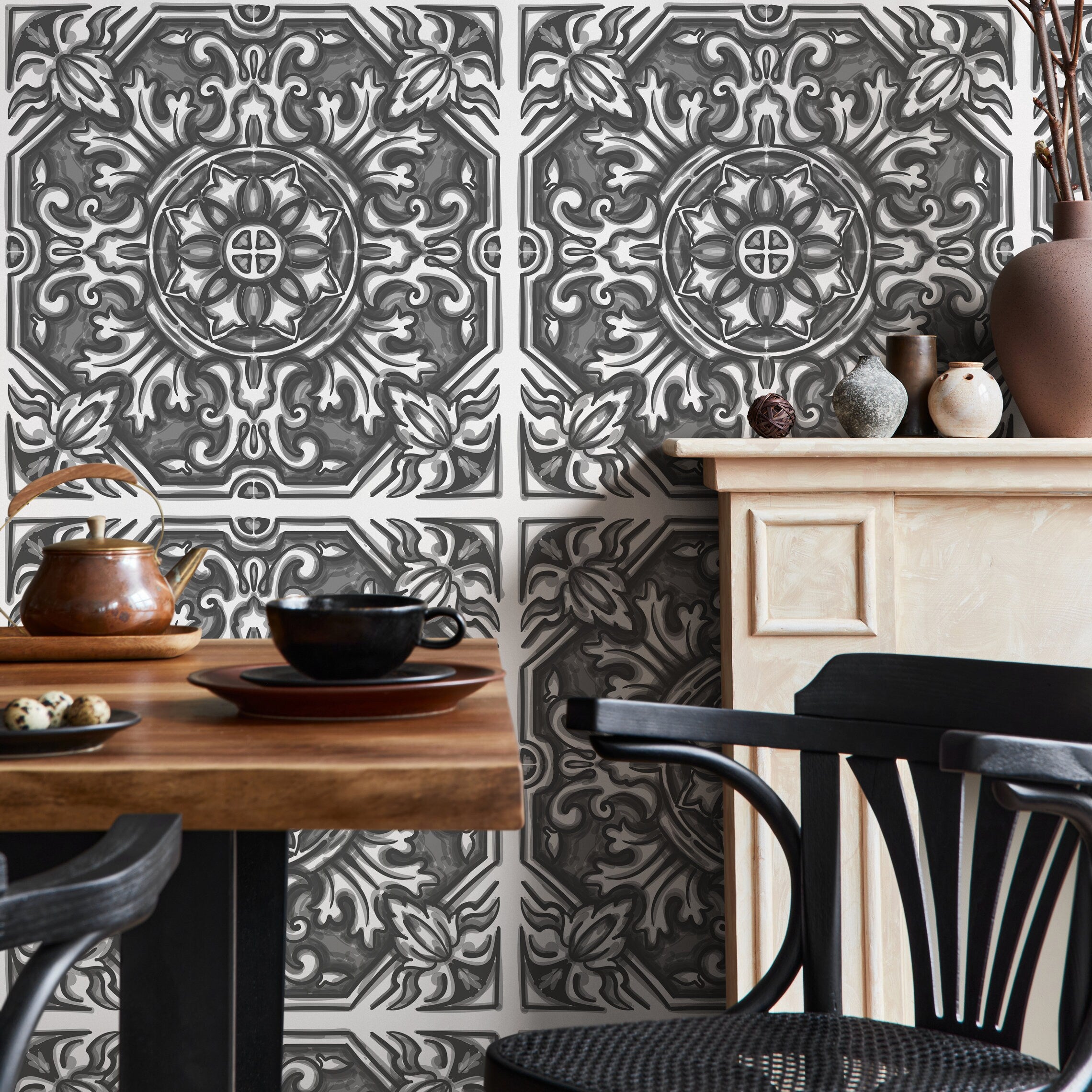 Tile Wallpaper With A Hand-sketched Baroque Motif In Black And Gray - B148