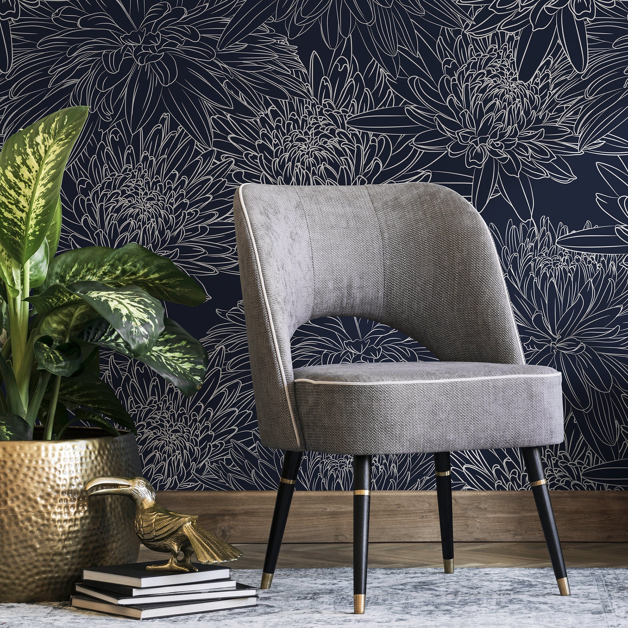 Floral Wallpaper With Chrysanthemum Line Art In Navy Blue And White - B149