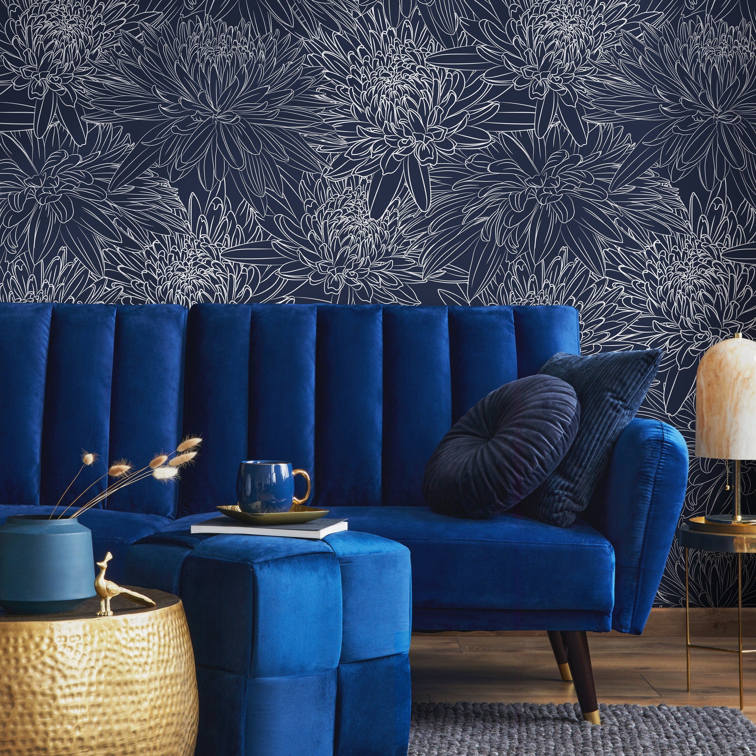Floral Wallpaper With Chrysanthemum Line Art In Navy Blue And White - B149