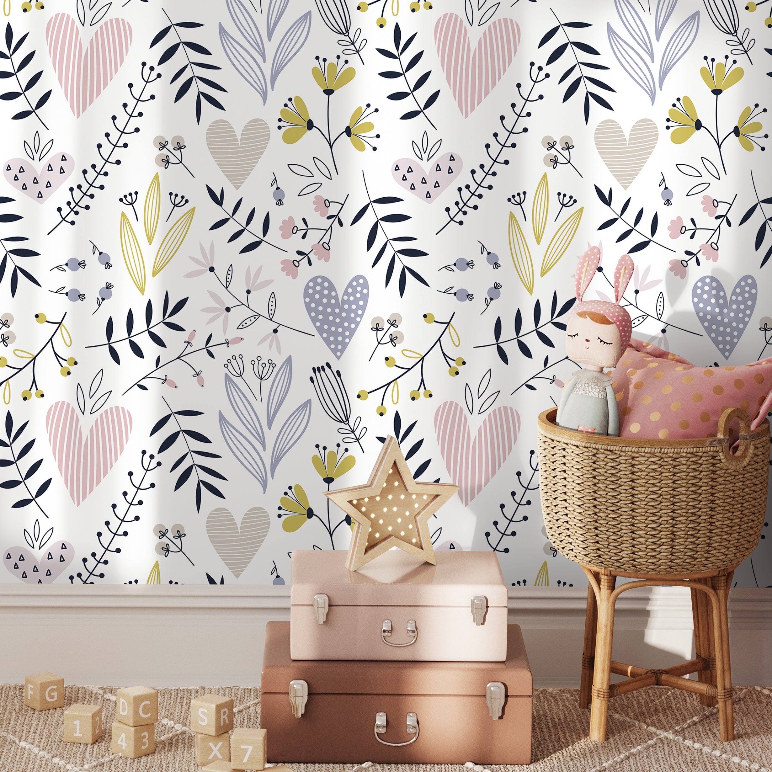 Botanical Wallpaper With Whimsical Hearts And Flowers In Pink, Blue, And Yellow - B275
