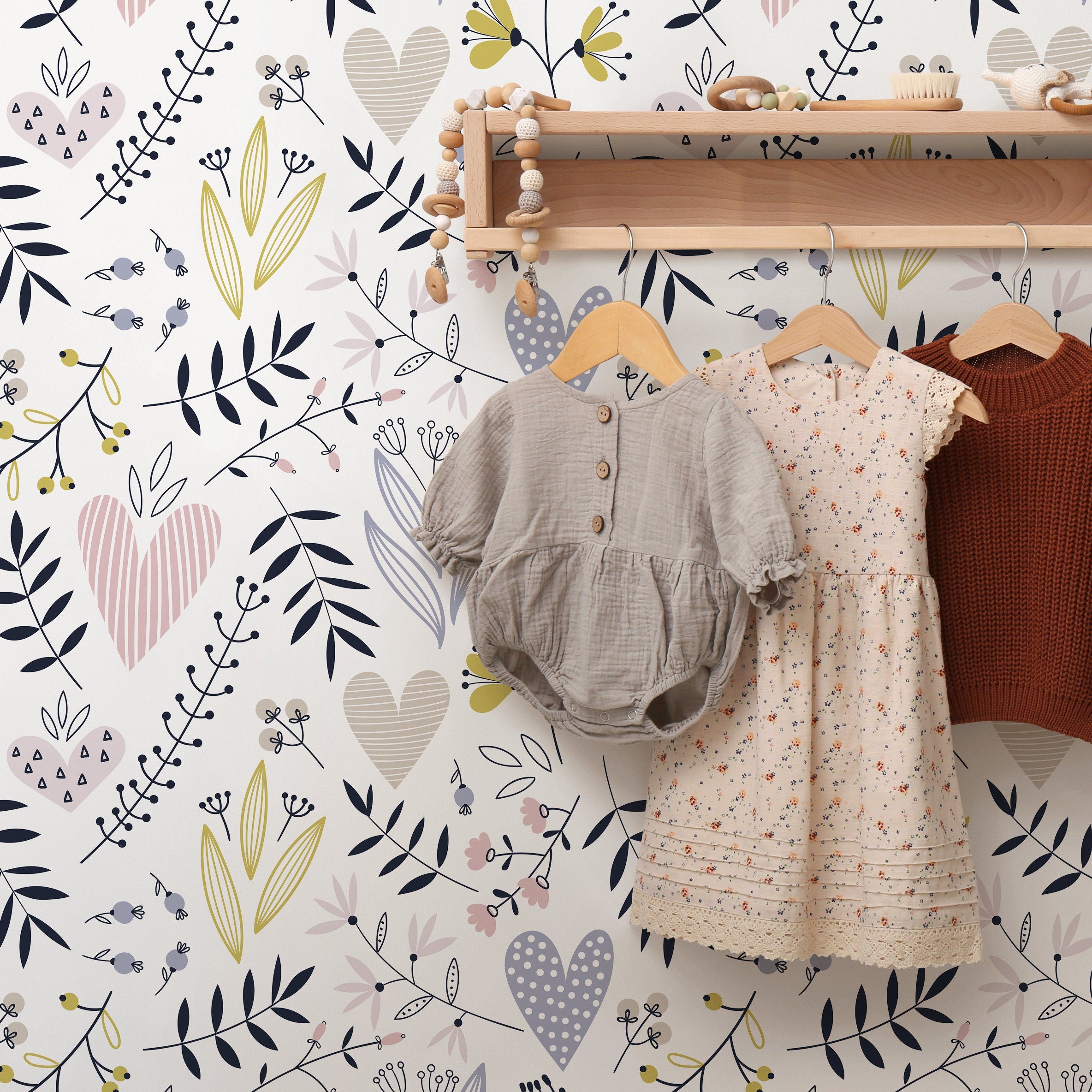 Botanical Wallpaper With Whimsical Hearts And Flowers In Pink, Blue, And Yellow - B275