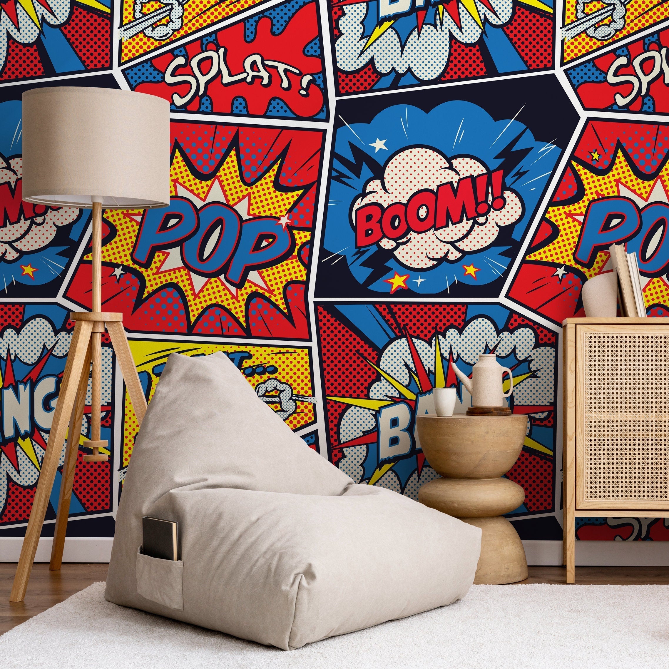 Pop Art Wallpaper With A Comic Book Motif In Red, Blue, And Yellow - B278