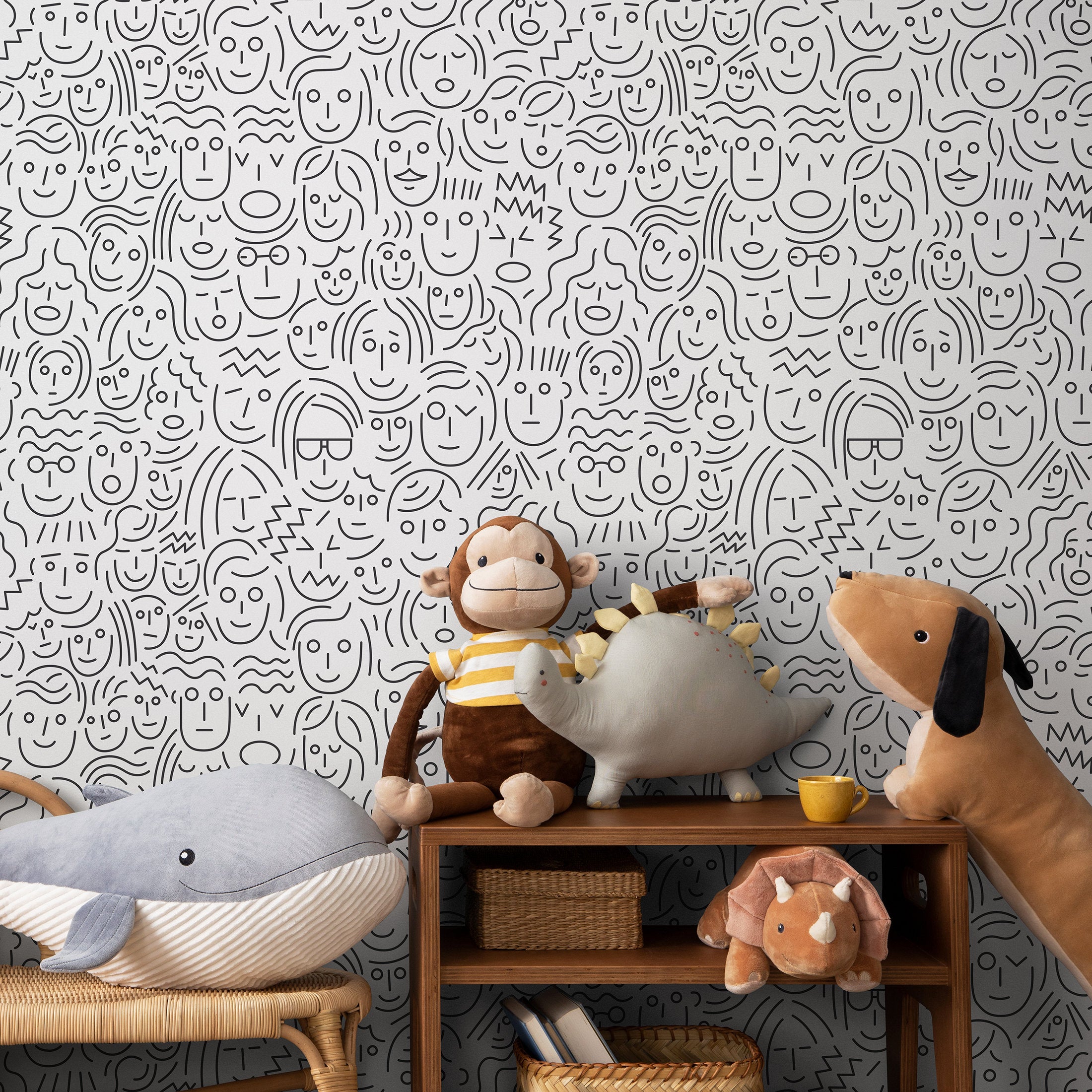 Abstract Wallpaper With A Pattern Of Doodled Faces In Black And White - B280