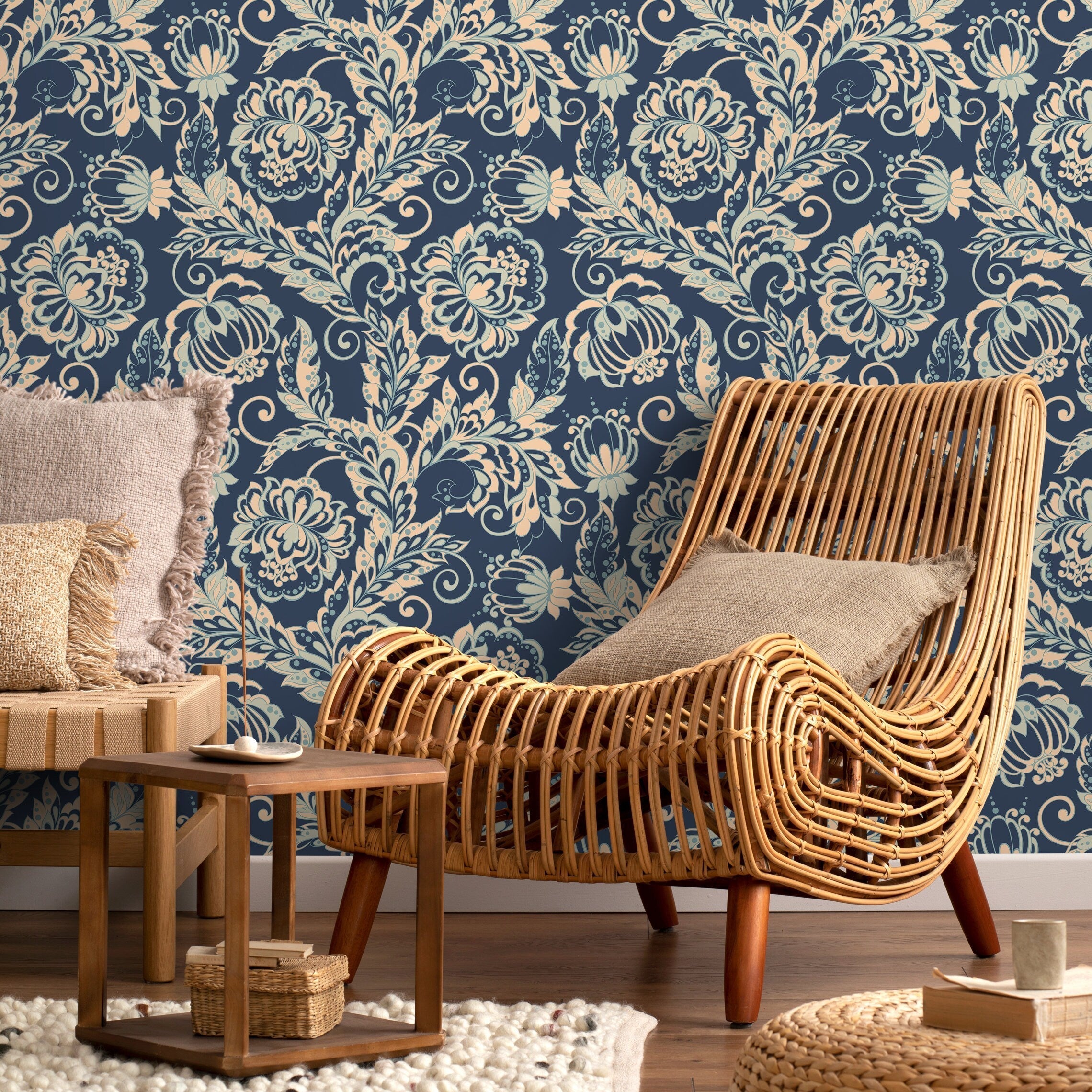 Floral Wallpaper With A Vintage Ornamental Style In Navy, Beige, And Blue - B286
