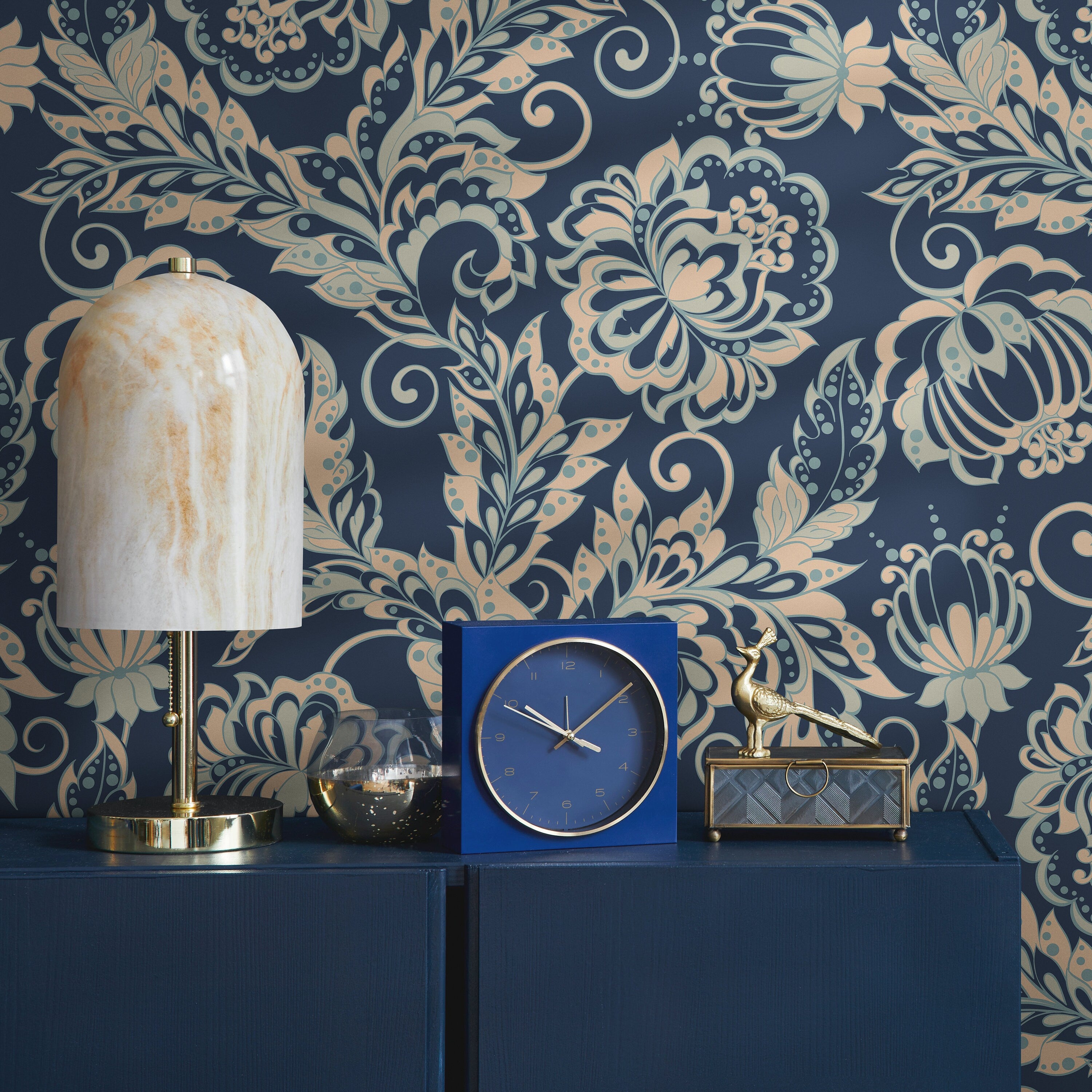 Floral Wallpaper With A Vintage Ornamental Style In Navy, Beige, And Blue - B286