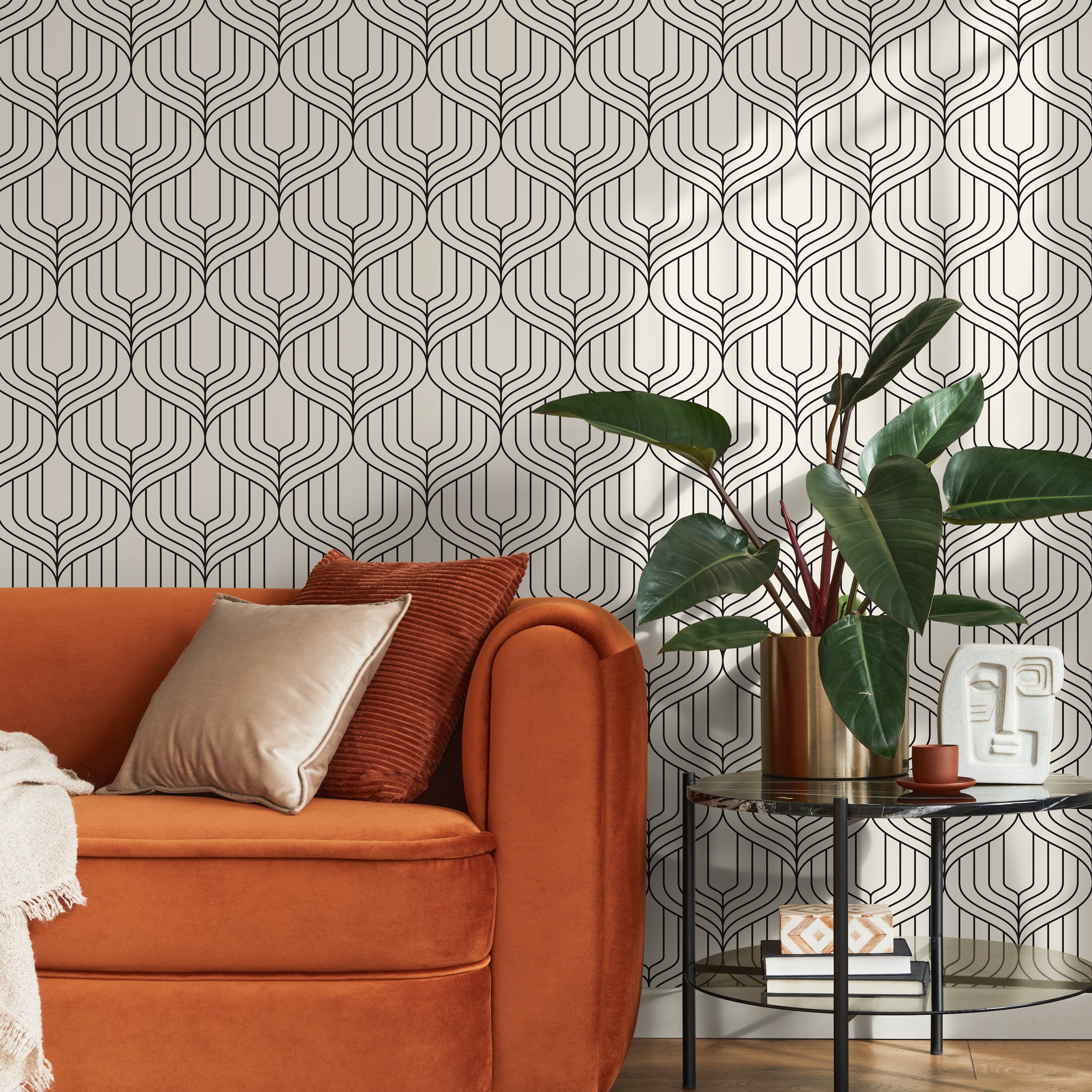 Art Deco Wallpaper With Rhythmic Interlocking Lines In Black And Cream - B287