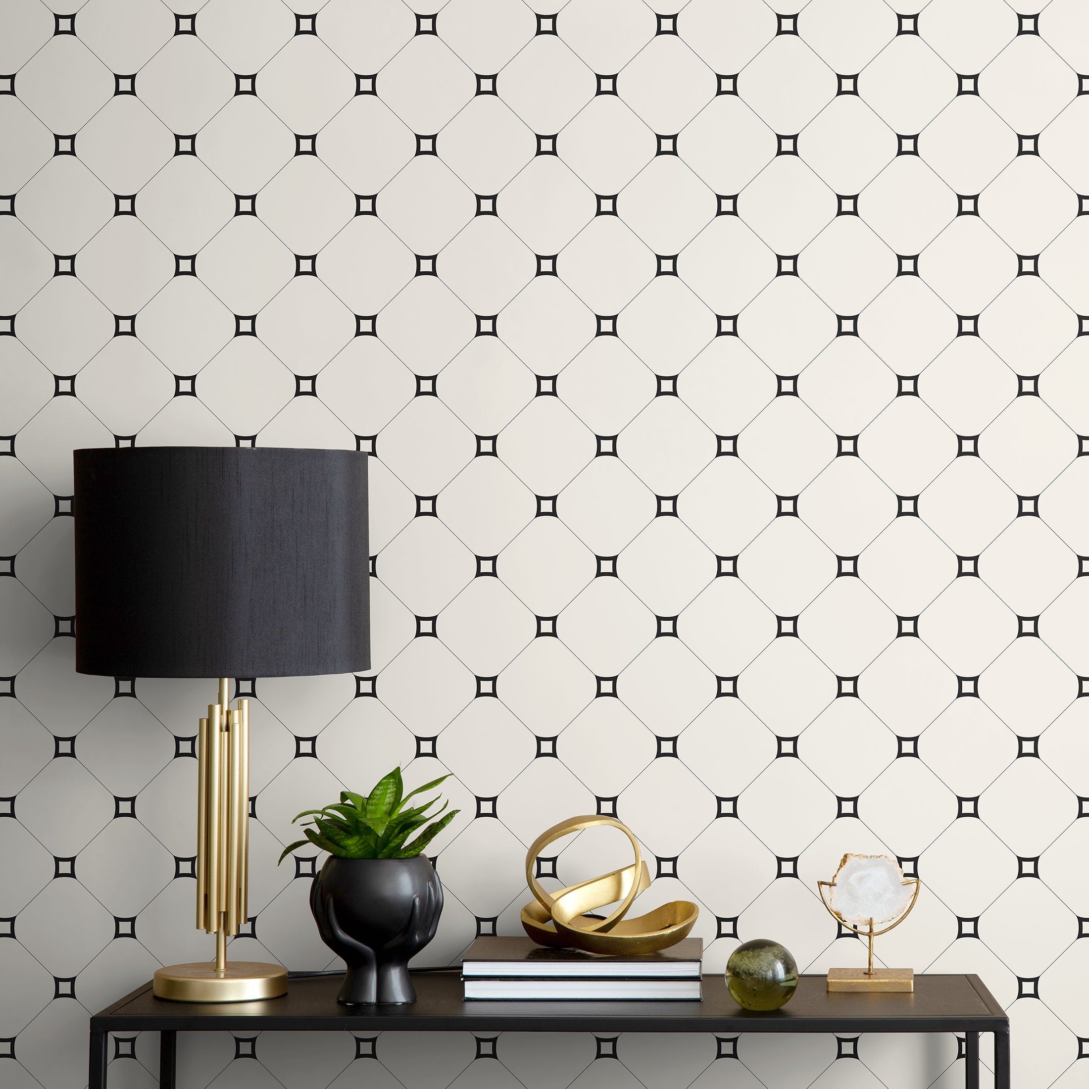 Geometric Wallpaper With A Minimalist Tile Grid In Black And White - B288