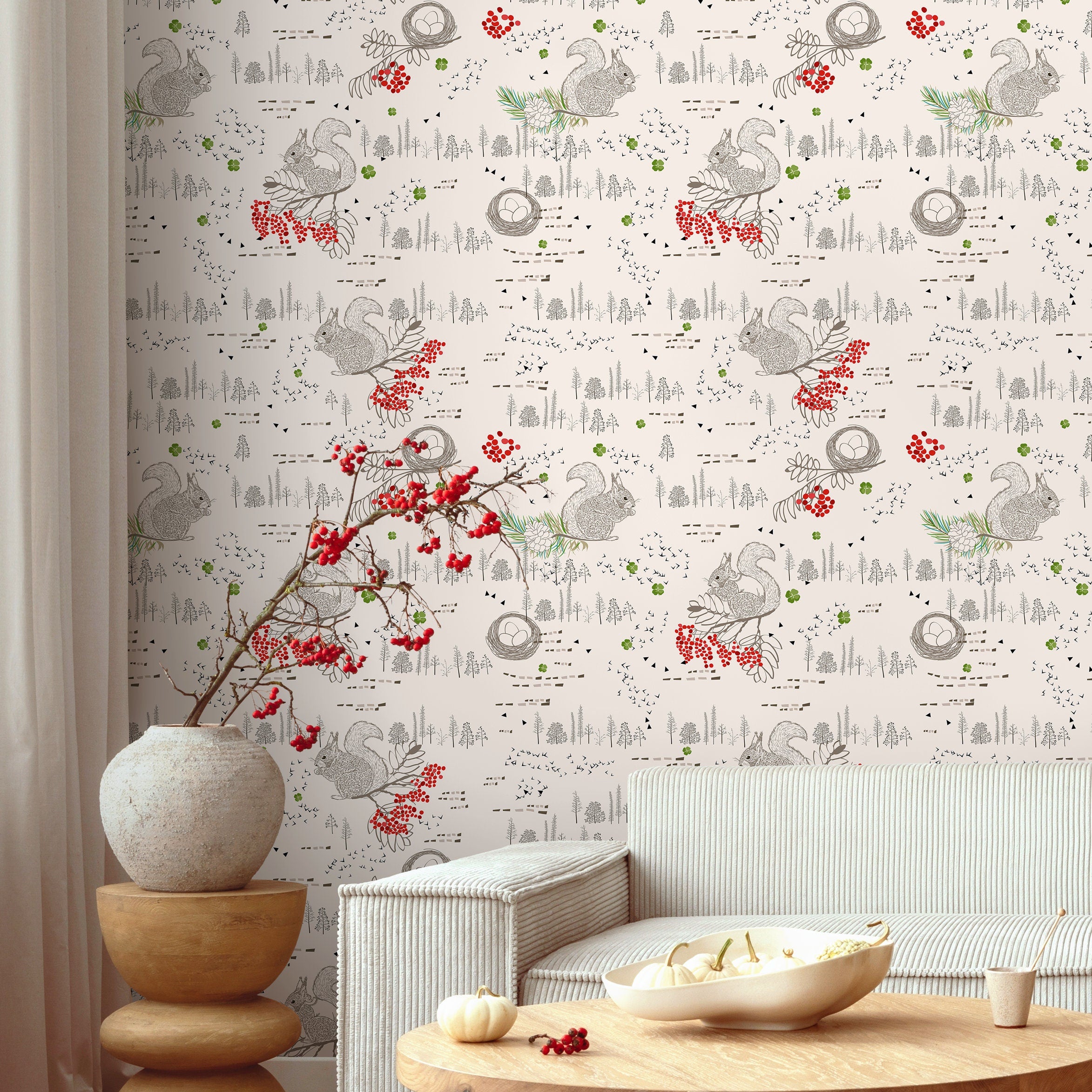 Woodland Wallpaper With Squirrels And Red Berries In Red, Grey, And Green - B289
