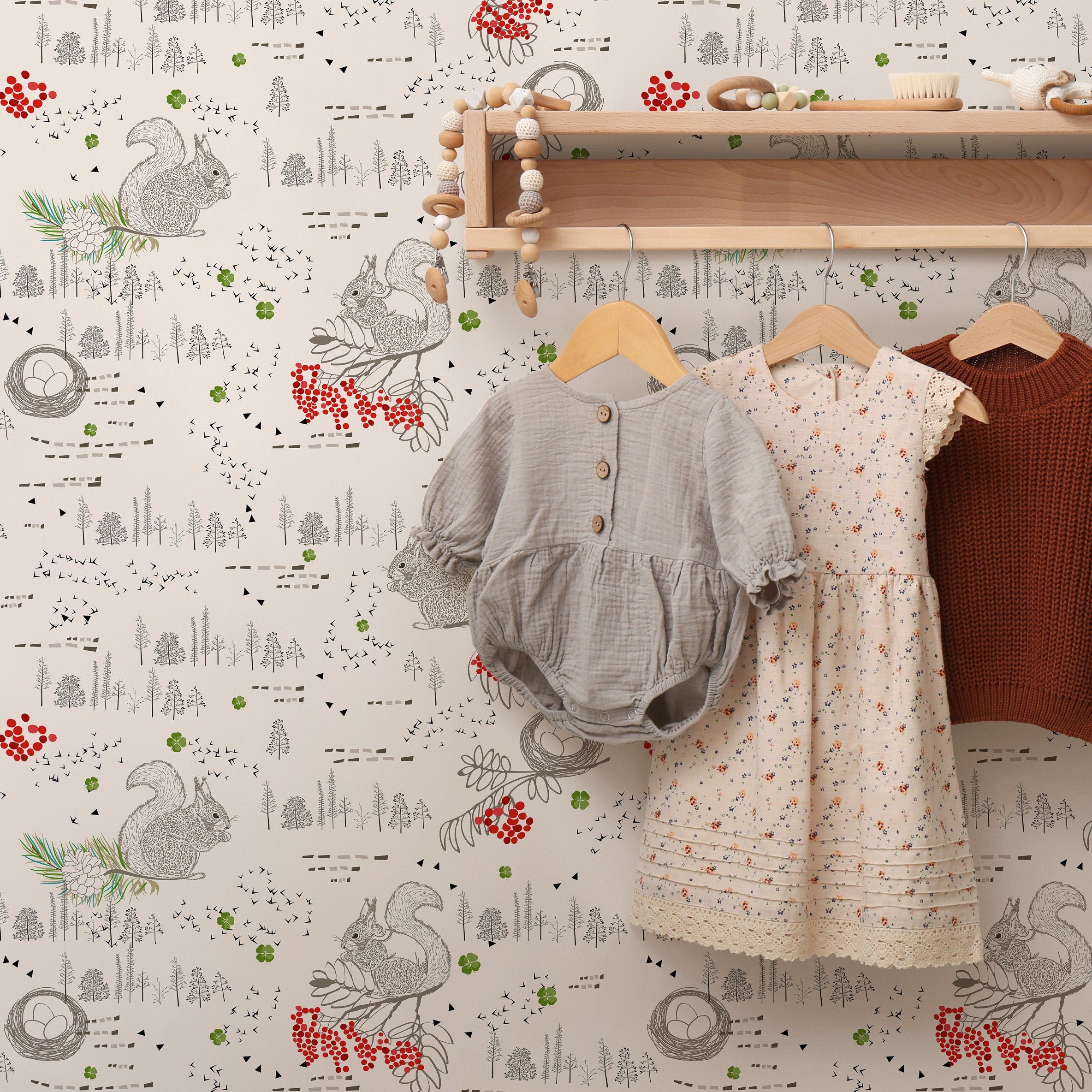 Woodland Wallpaper With Squirrels And Red Berries In Red, Grey, And Green - B289