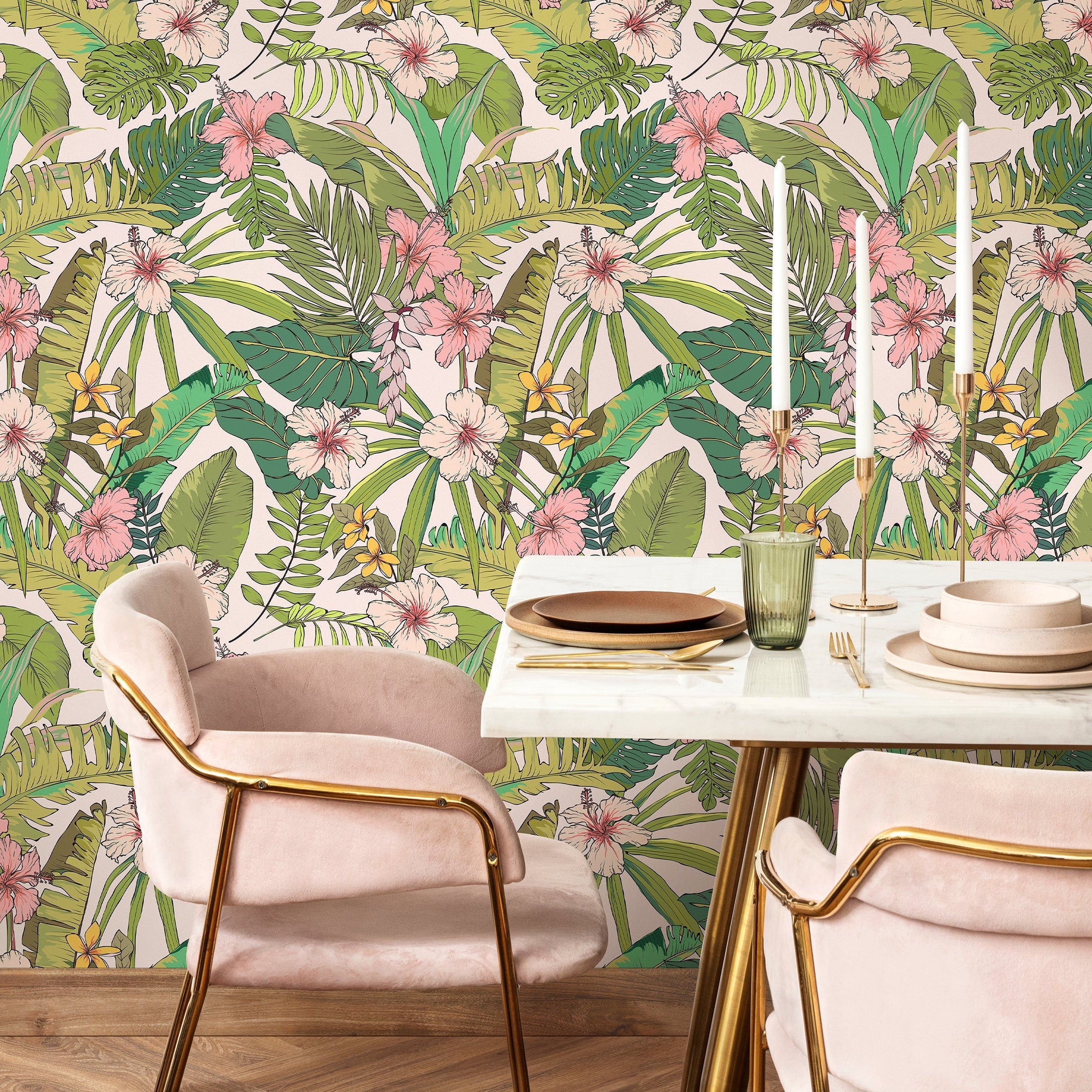 Tropical Wallpaper With Hibiscus And Palm Leaves In Pink, Green, And Yellow - B291