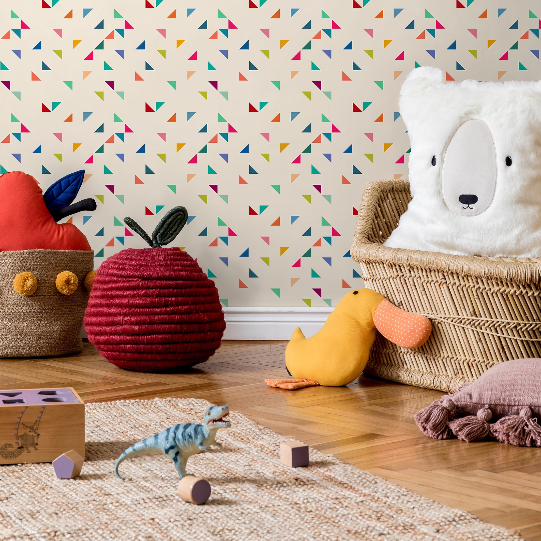 Geometric Wallpaper With Colorful Scattered Triangles In Blue, Pink, And Green - B292