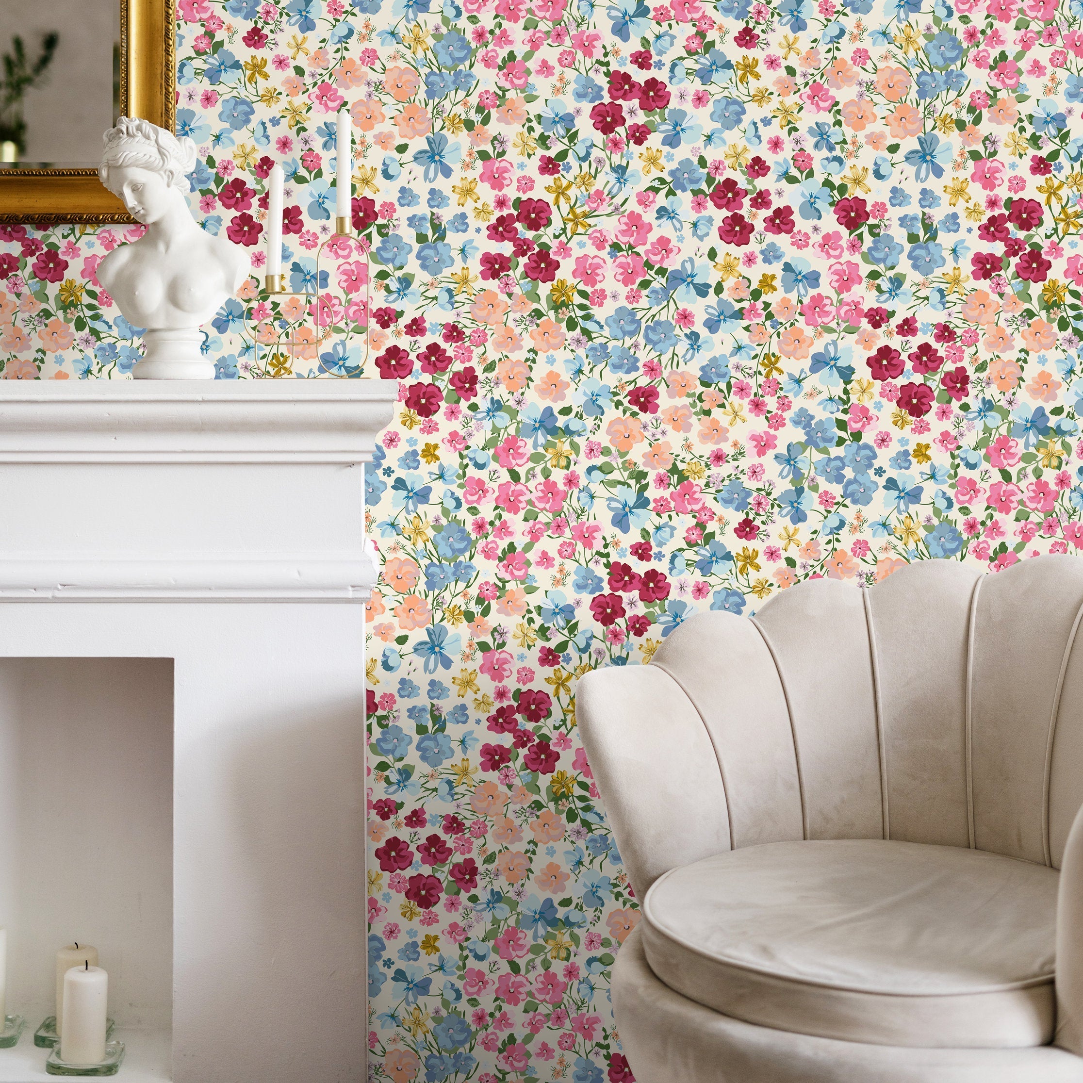 Floral Wallpaper With A Colorful Wildflower Meadow In Pink, Blue, And Yellow - B298