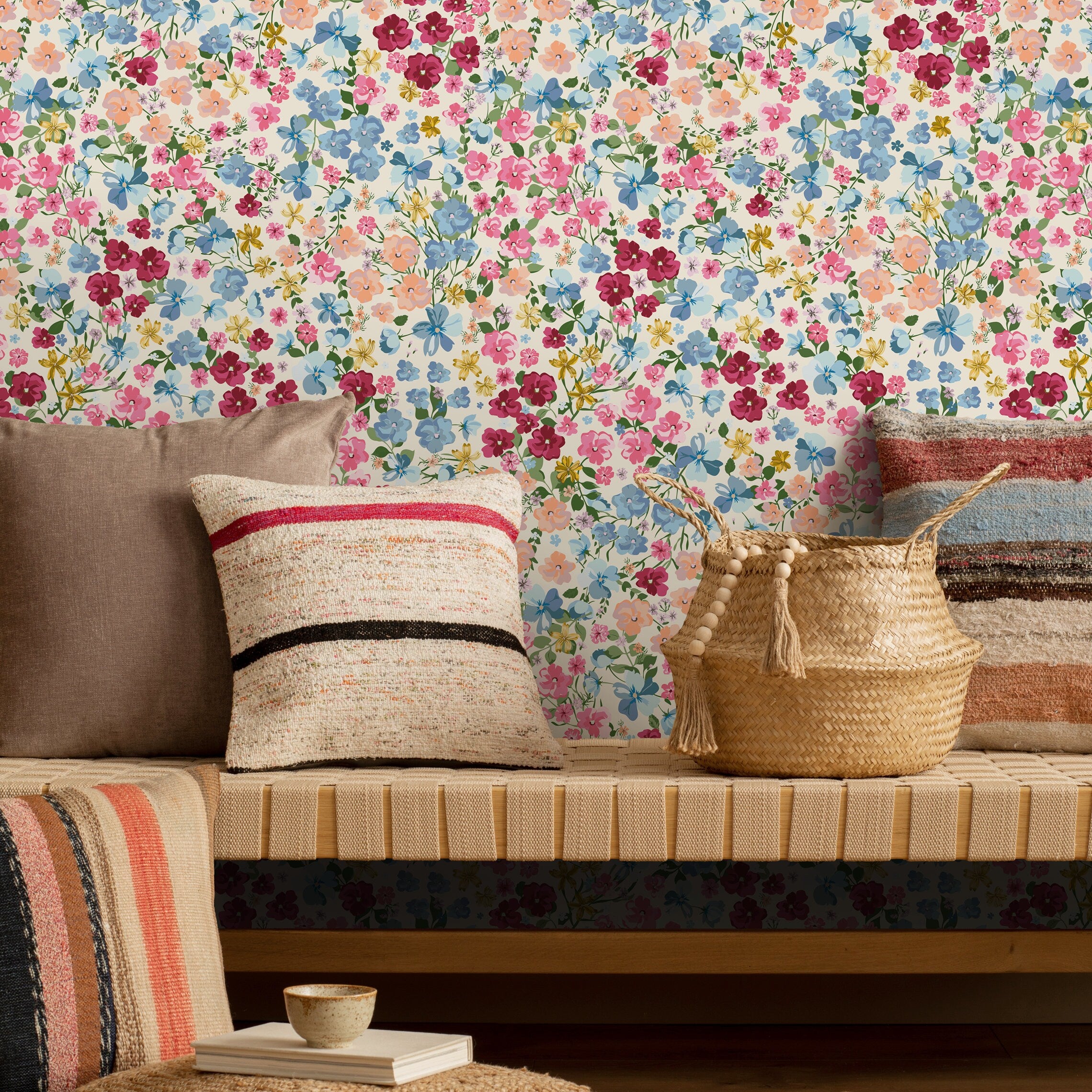 Floral Wallpaper With A Colorful Wildflower Meadow In Pink, Blue, And Yellow - B298