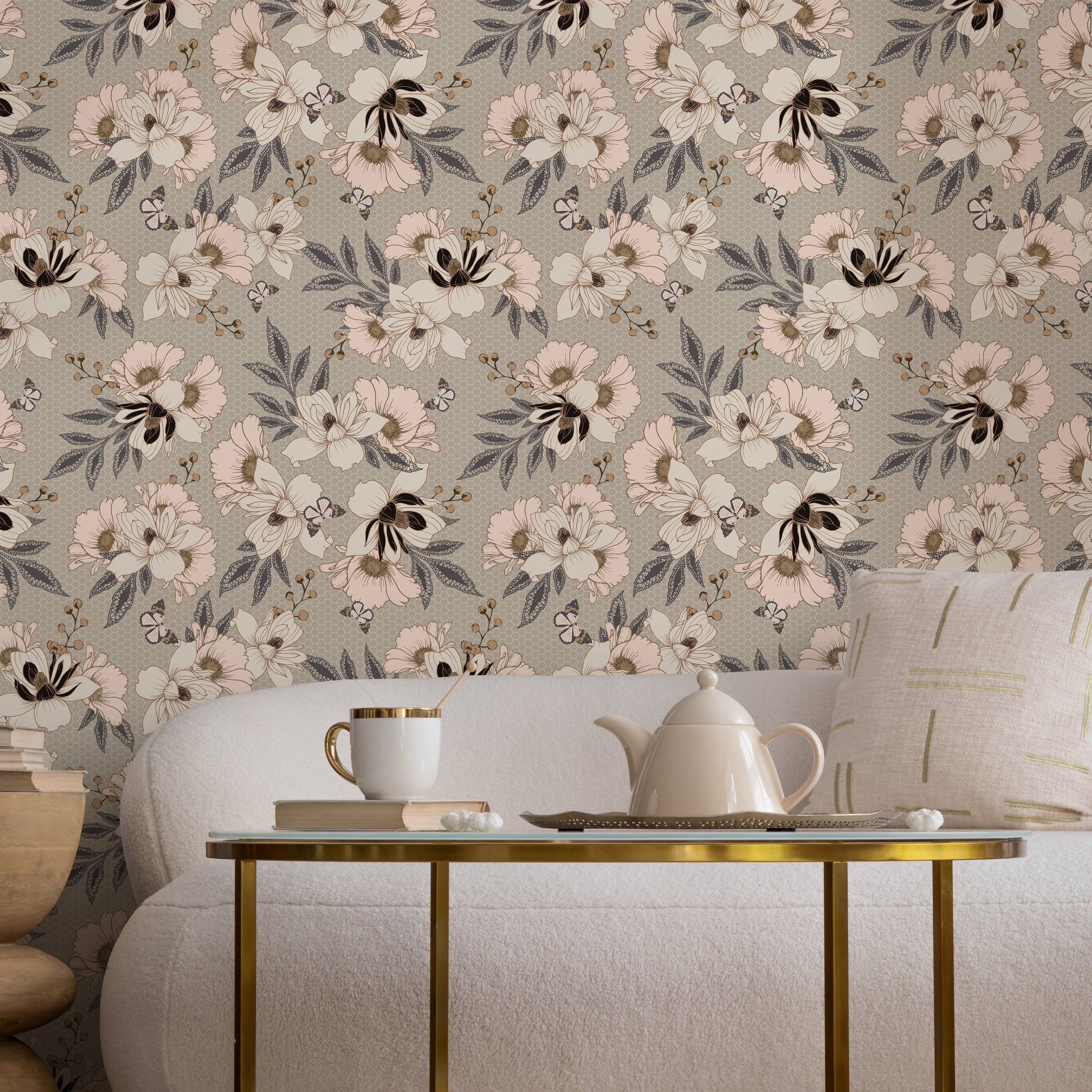 Floral Wallpaper With Vintage Anemones In Pink, Black, And Grey - B300