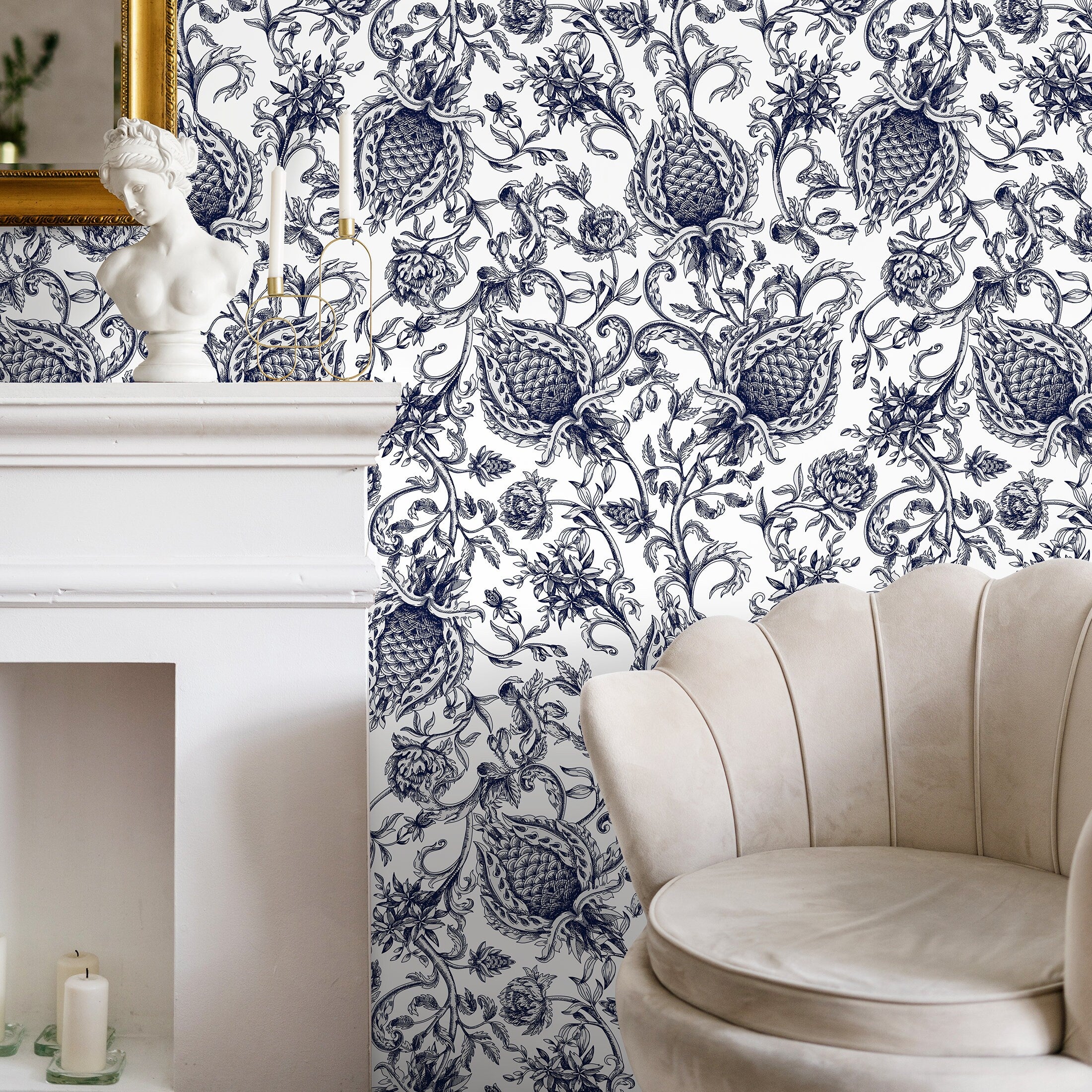 Vintage Floral Wallpaper With A Damask Motif In Navy Blue - B310