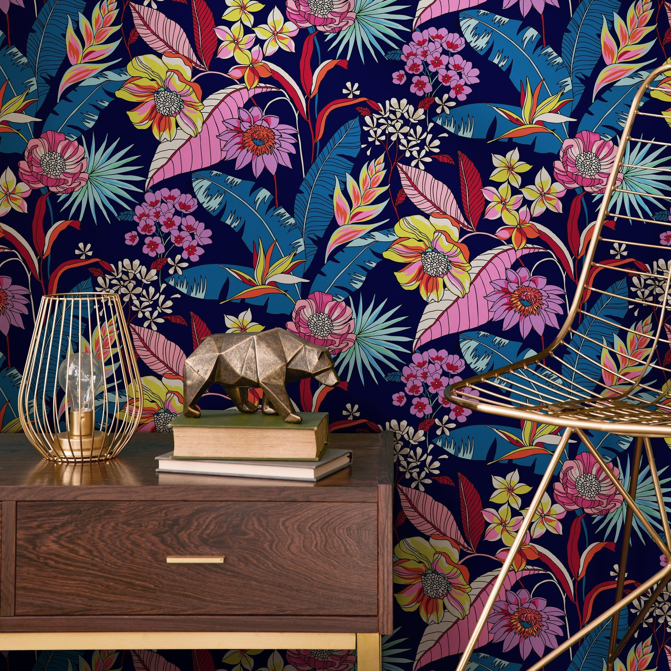 Botanical Wallpaper With Tropical Flowers And Leaves In Blue, Pink, And Yellow - B316