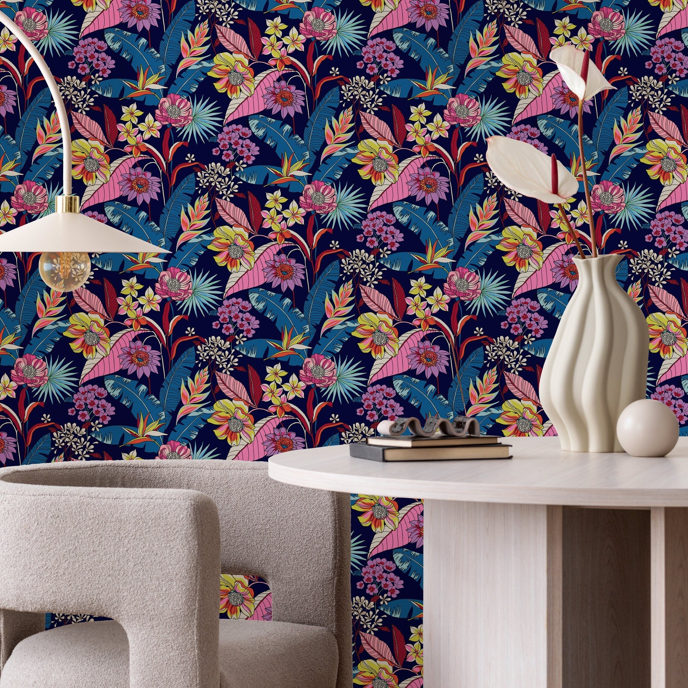 Botanical Wallpaper With Tropical Flowers And Leaves In Blue, Pink, And Yellow - B316
