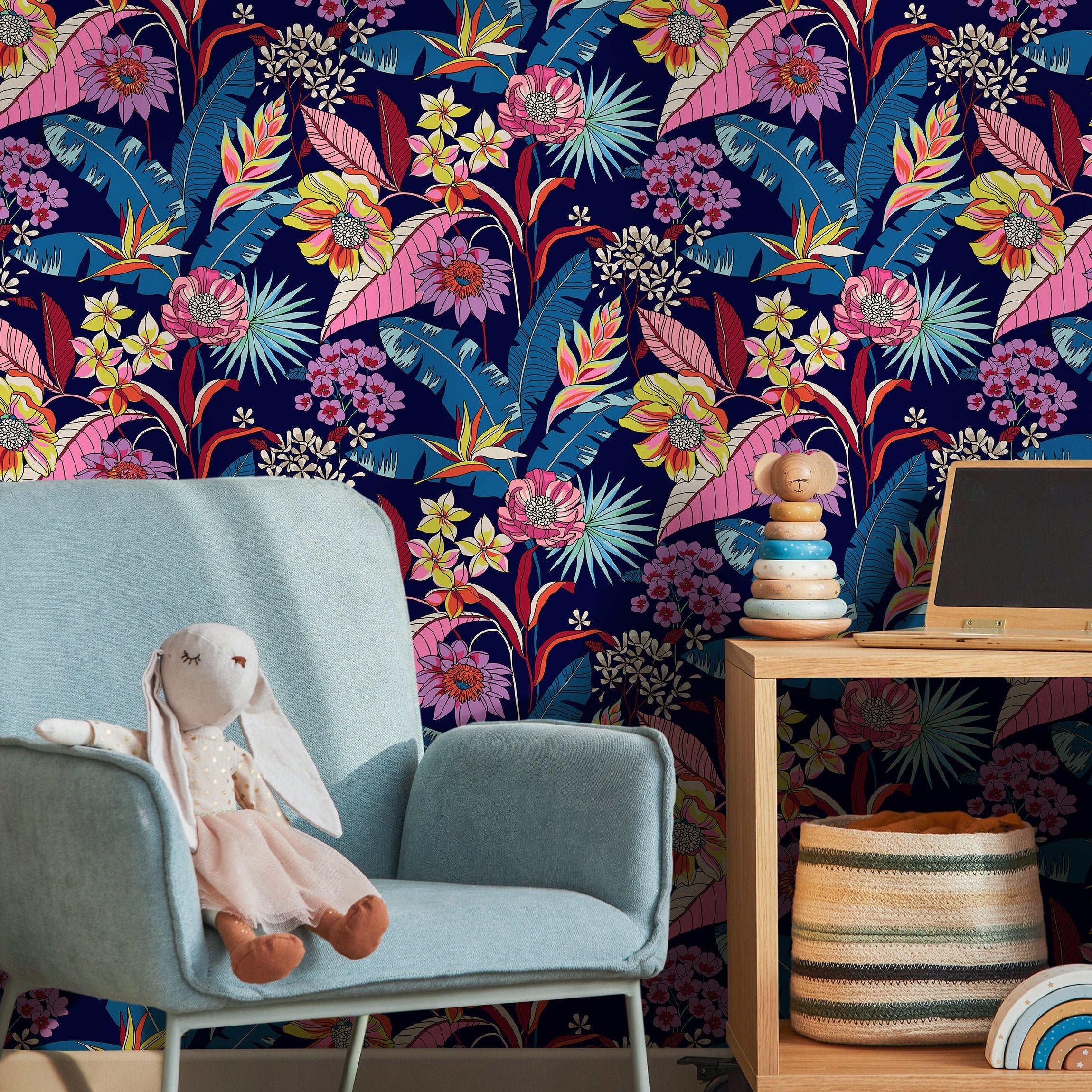 Botanical Wallpaper With Tropical Flowers And Leaves In Blue, Pink, And Yellow - B316