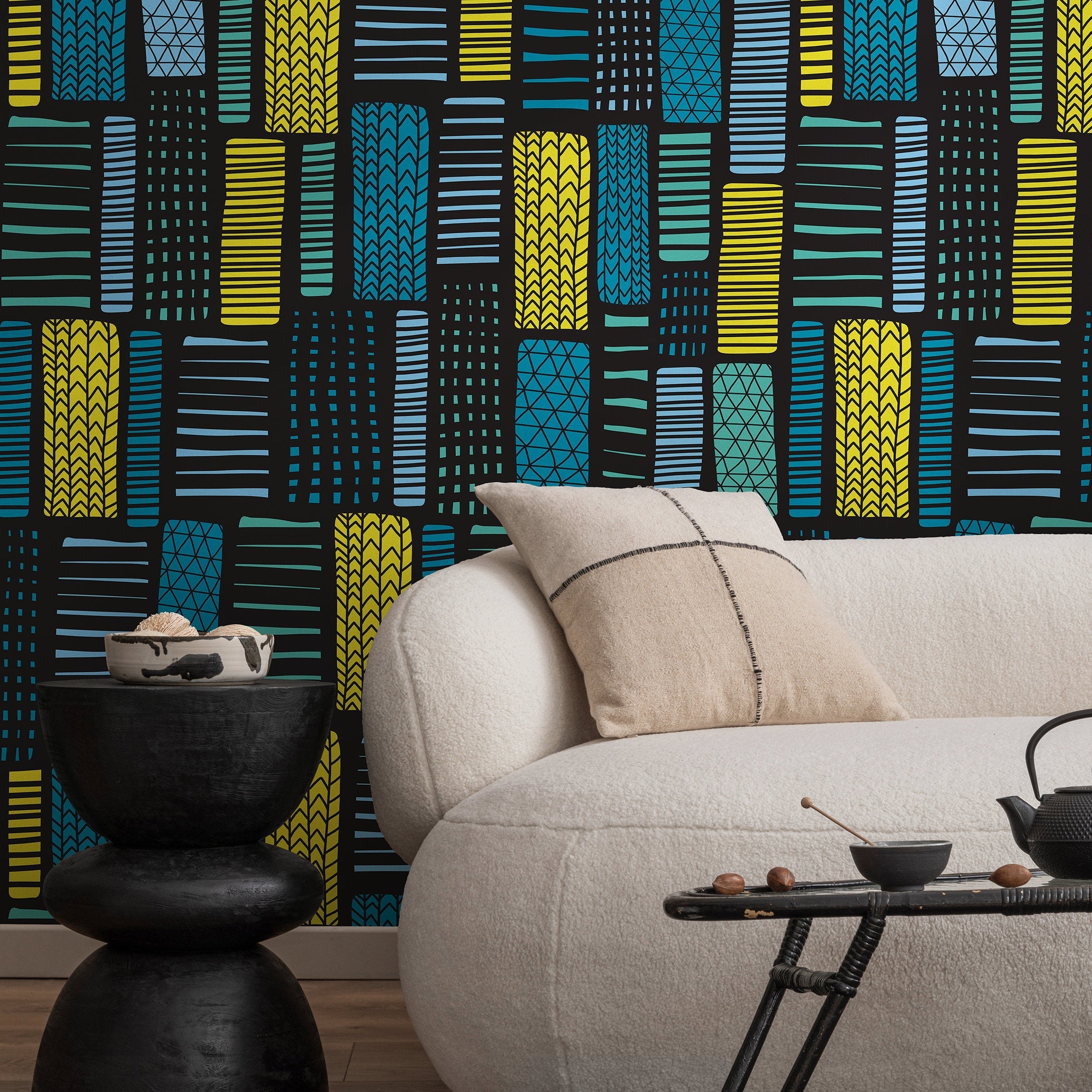 Geometric Wallpaper With Abstract Tribal Blocks In Yellow, Blue, And Teal - B319