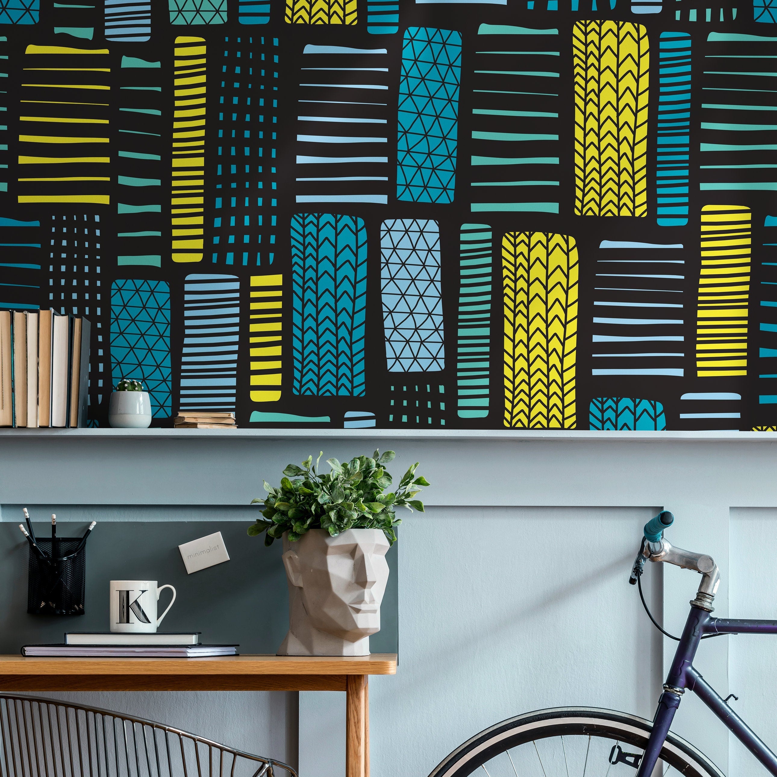 Geometric Wallpaper With Abstract Tribal Blocks In Yellow, Blue, And Teal - B319