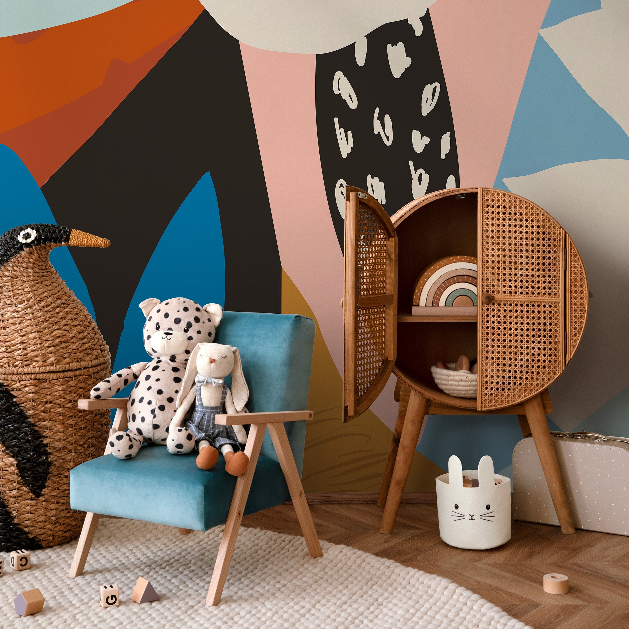 Abstract Wallpaper With Large Scale Abstract Forms In Orange, Blue, And Black - D995