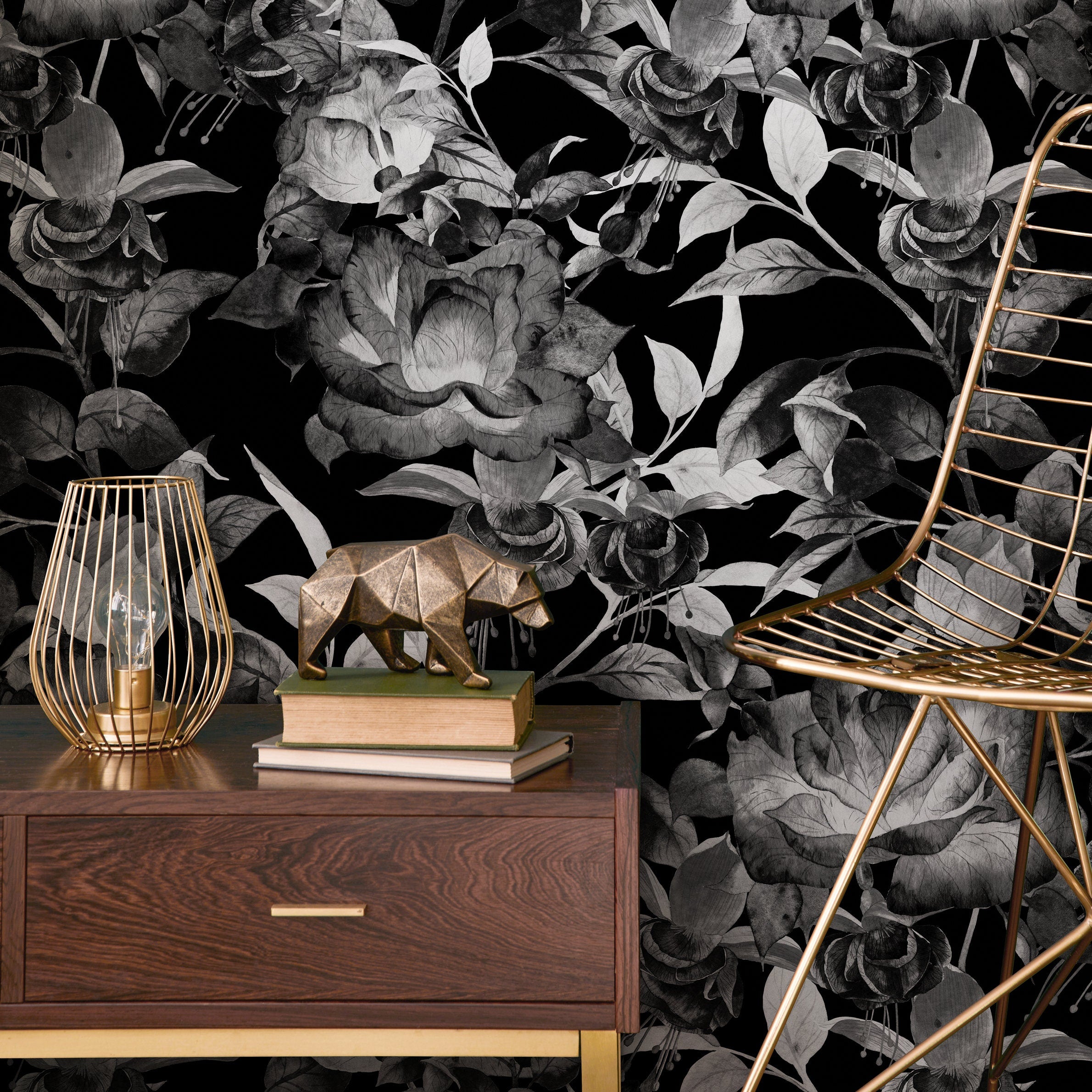 Floral Wallpaper With Grayscale Watercolor Blooms In Black And Gray - B343