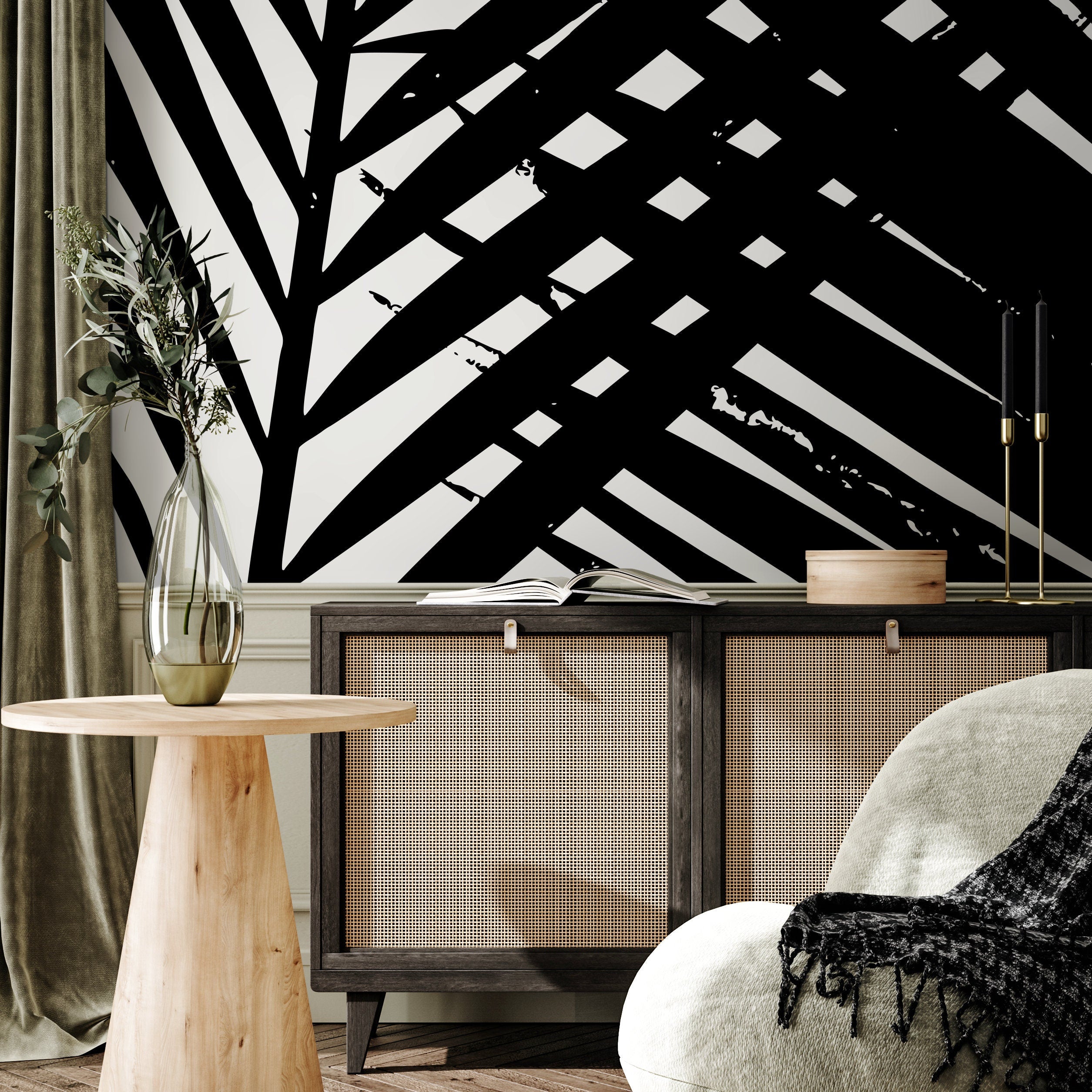 Botanical Wallpaper Featuring Abstract Palm Leaves In Black And White - B351