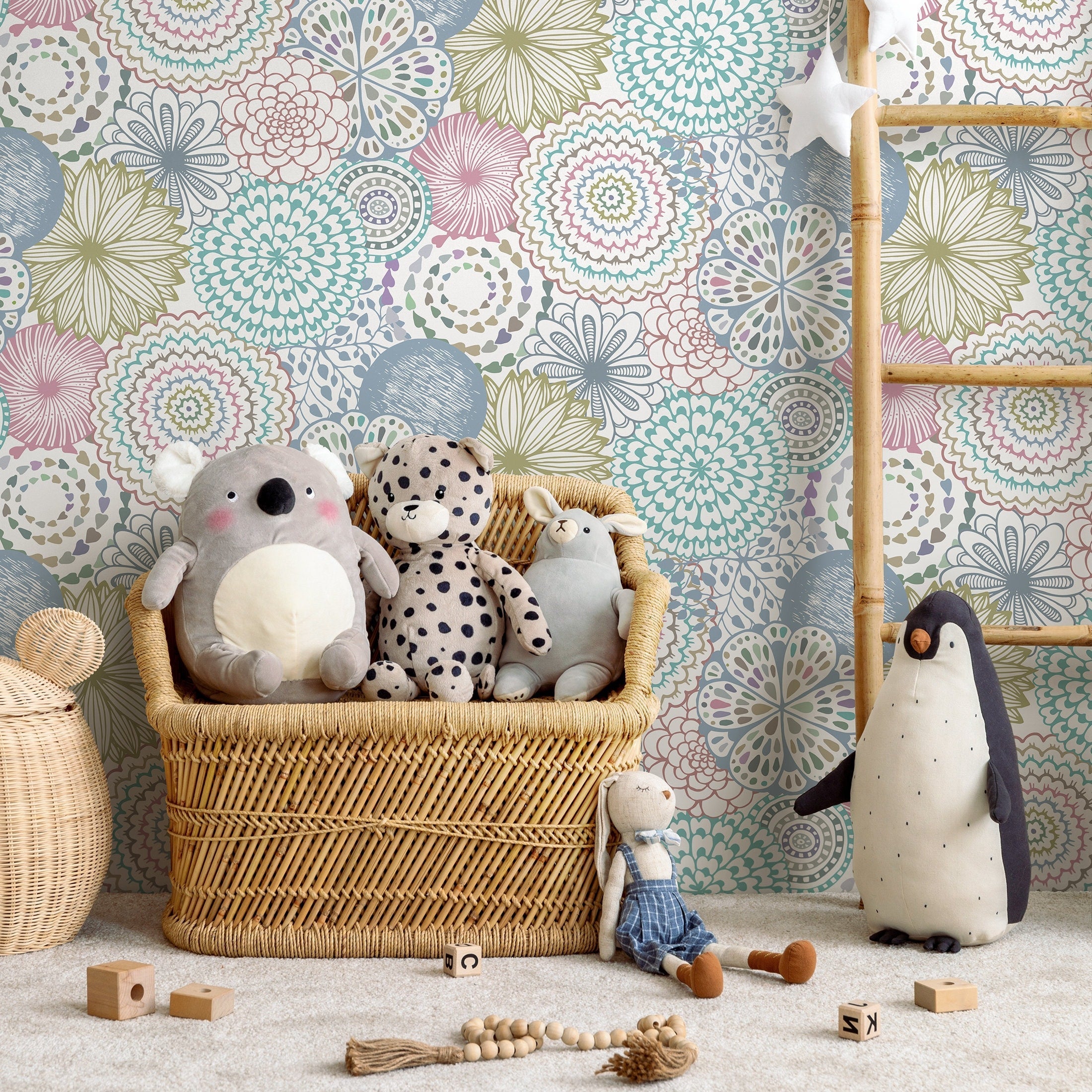 Floral Wallpaper With Doodle Style Mandalas In Teal, Pink, And Green - B361