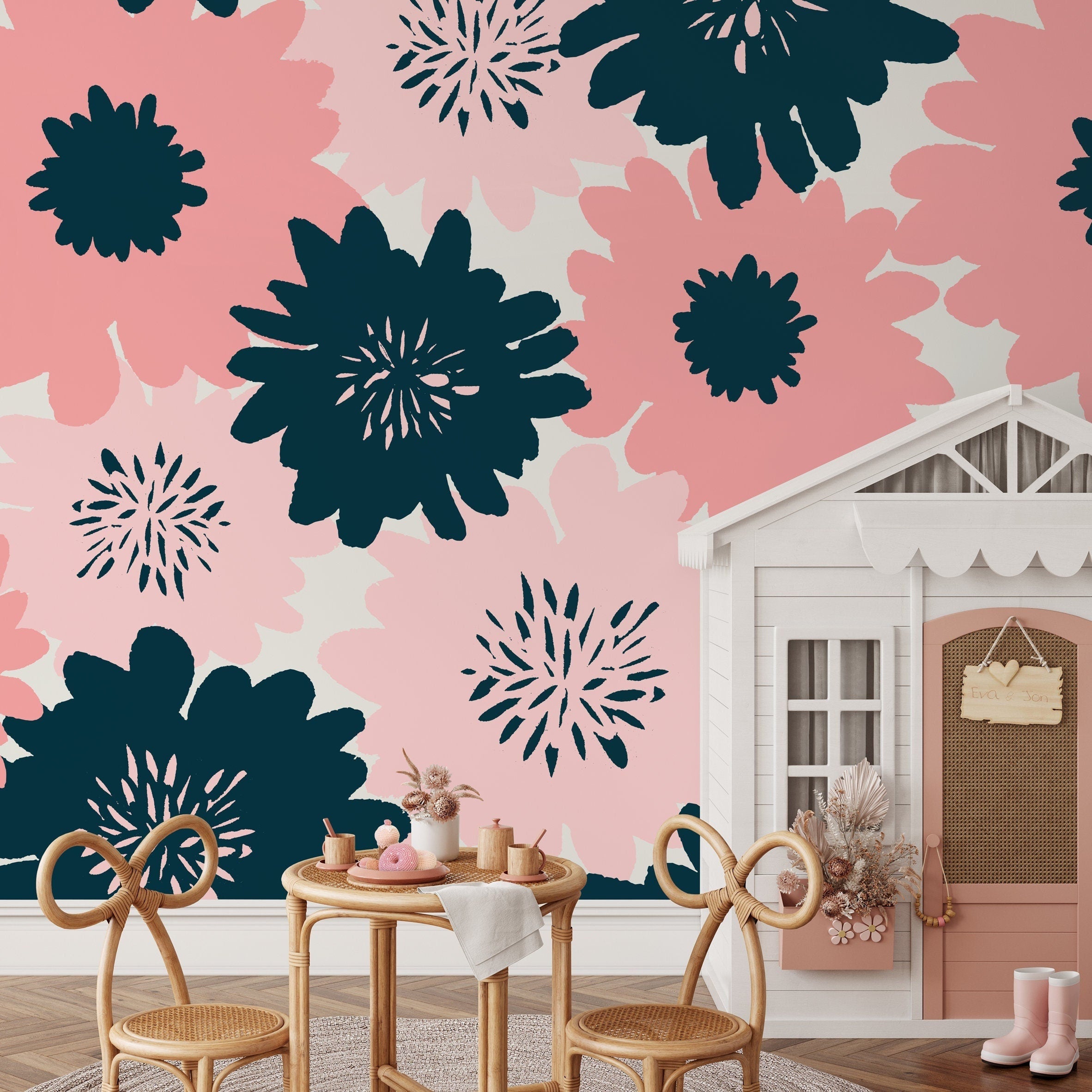 Floral Wallpaper Featuring Large Stylized Flowers In Navy Blue And Pink - B374