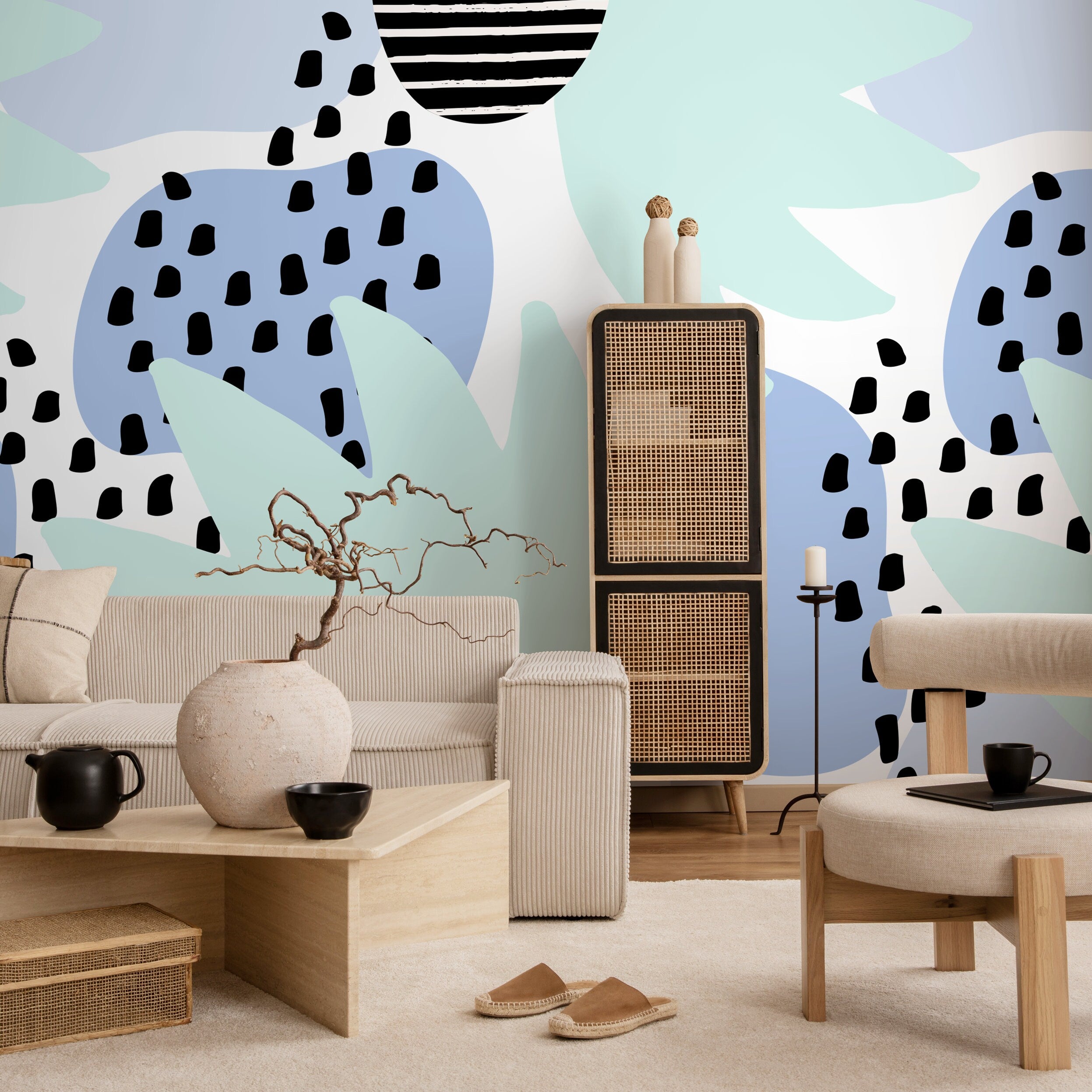 Abstract Wallpaper With Organic Shapes And Spots In Blue, Mint Green, And Black - B381