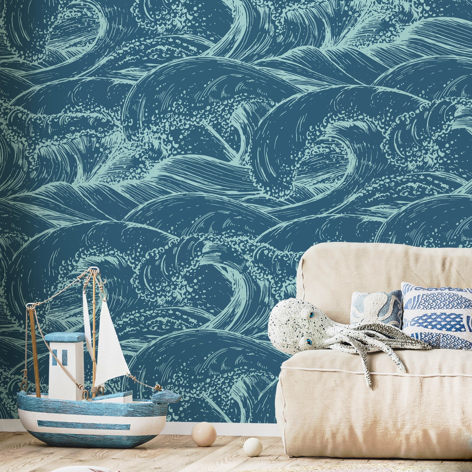 Coastal Wallpaper With Japanese Style Ocean Waves In Teal And Mint - B386
