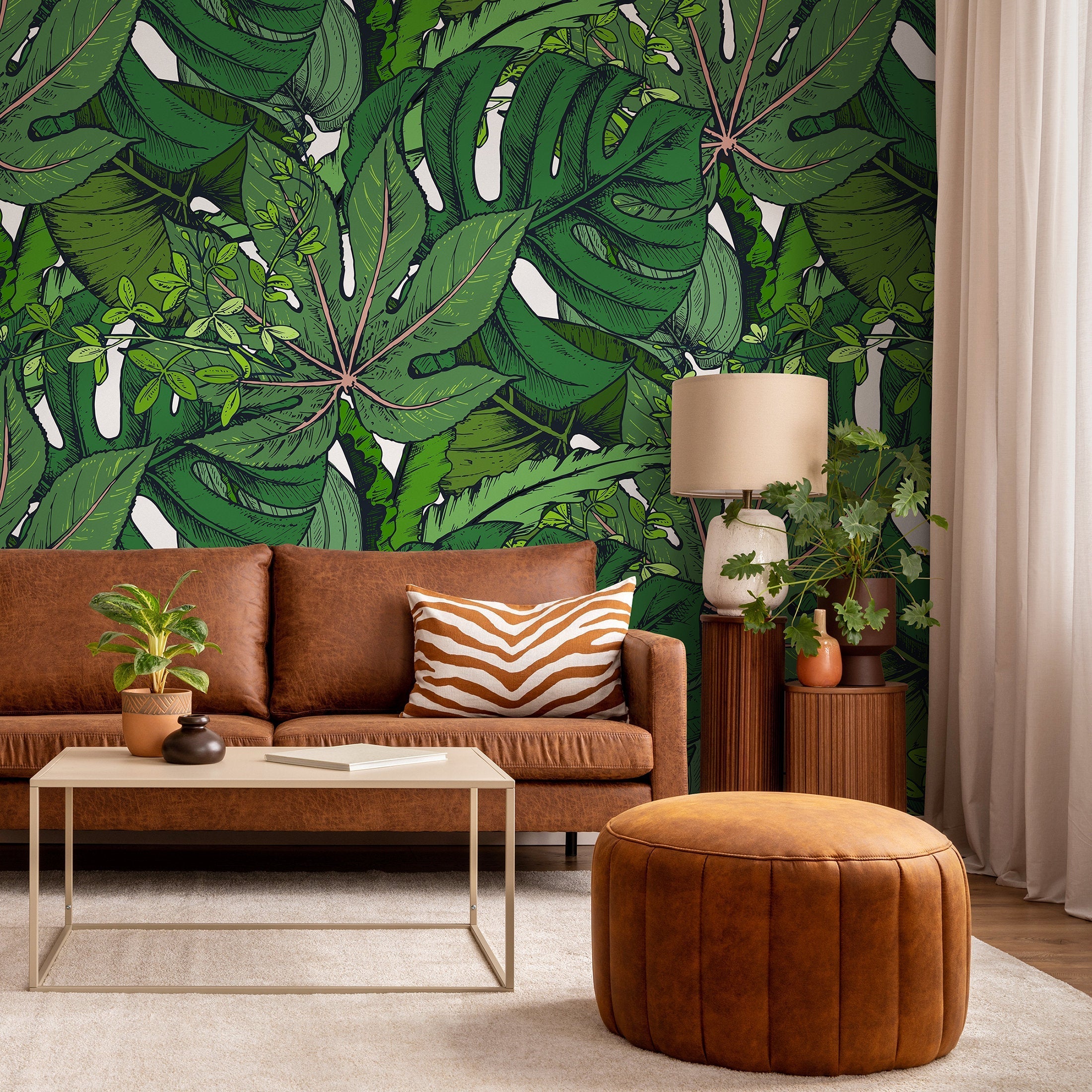 Botanical Wallpaper With Illustrated Tropical Leaves In Green And Black - B394