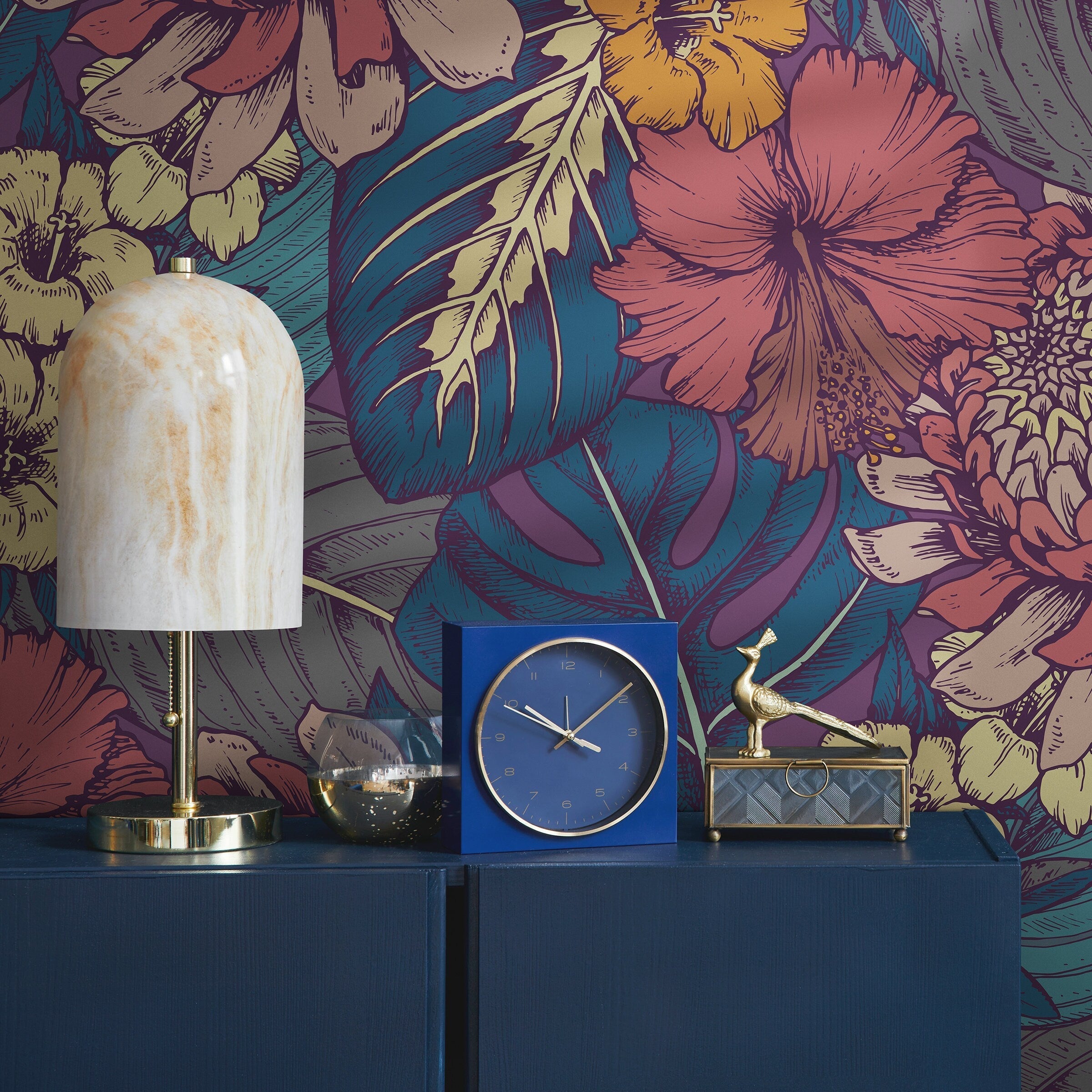 Floral Wallpaper With Tropical Blooms In Pink, Teal, And Orange - B395