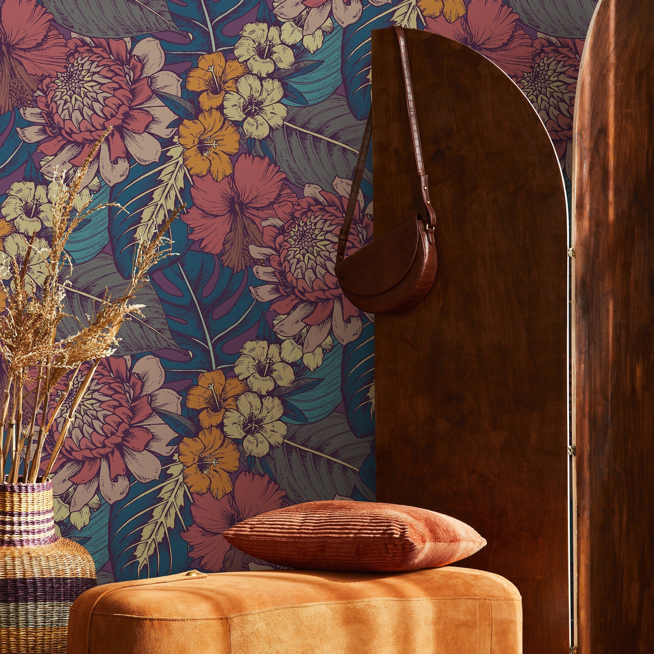 Floral Wallpaper With Tropical Blooms In Pink, Teal, And Orange - B395